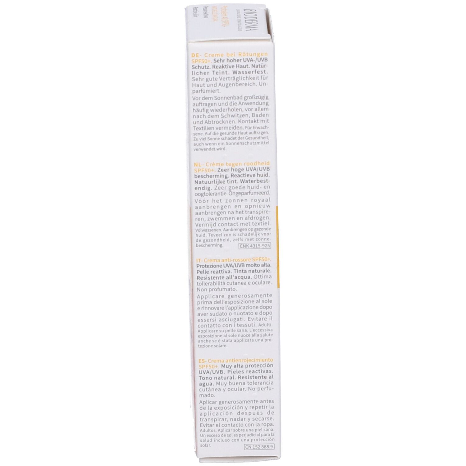 Lato della confezione BIODERMA Photoderm AR. Testo multilingue. Informazioni e utilizzo del prodotto.