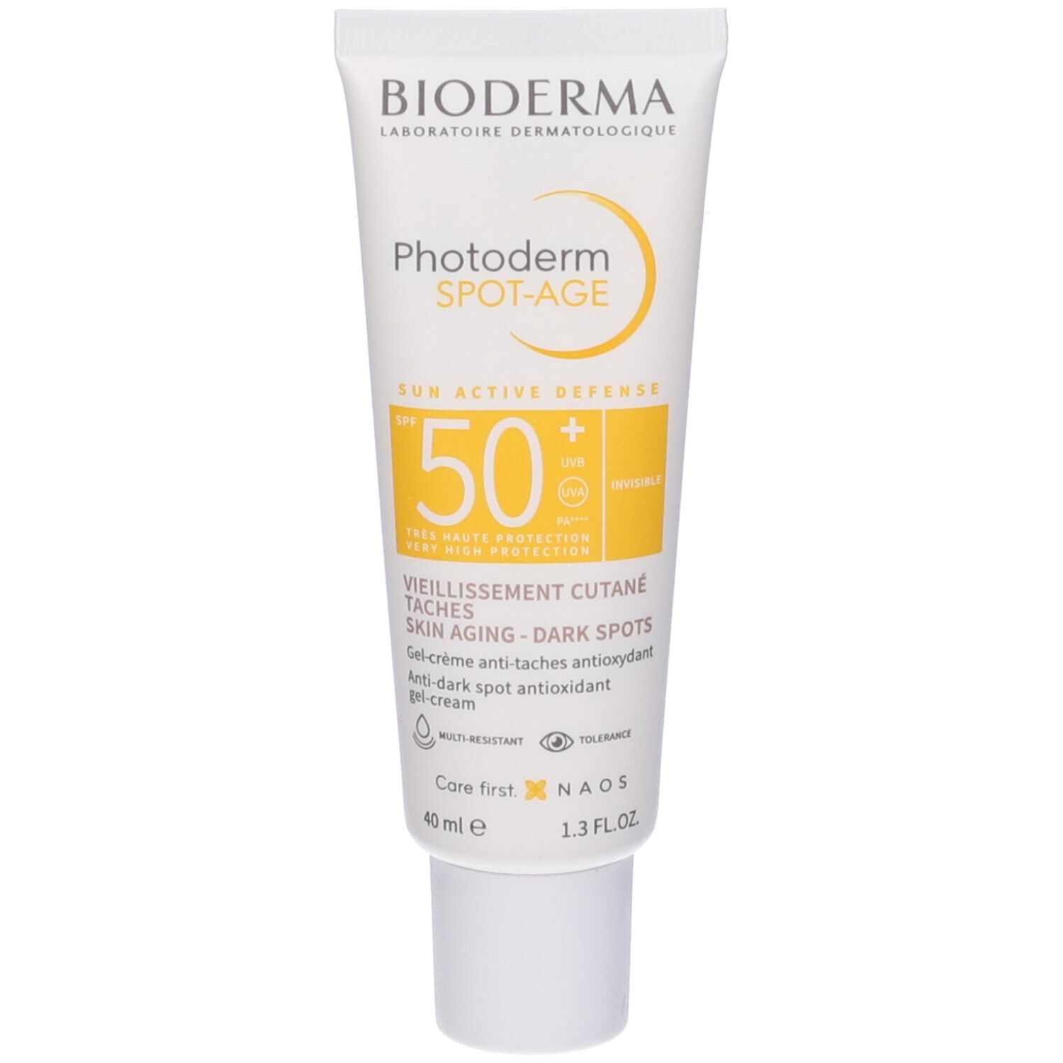 Tubo BIODERMA Photoderm Spot-Age. Crema solare antimacchie e antietà. SPF 50+. Testo in francese e inglese.