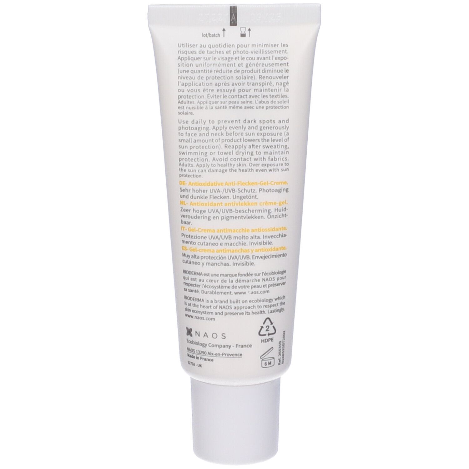 Retro del tubo BIODERMA Photoderm Spot-Age. Testo multilingue. Informazioni sull'uso e sugli ingredienti.