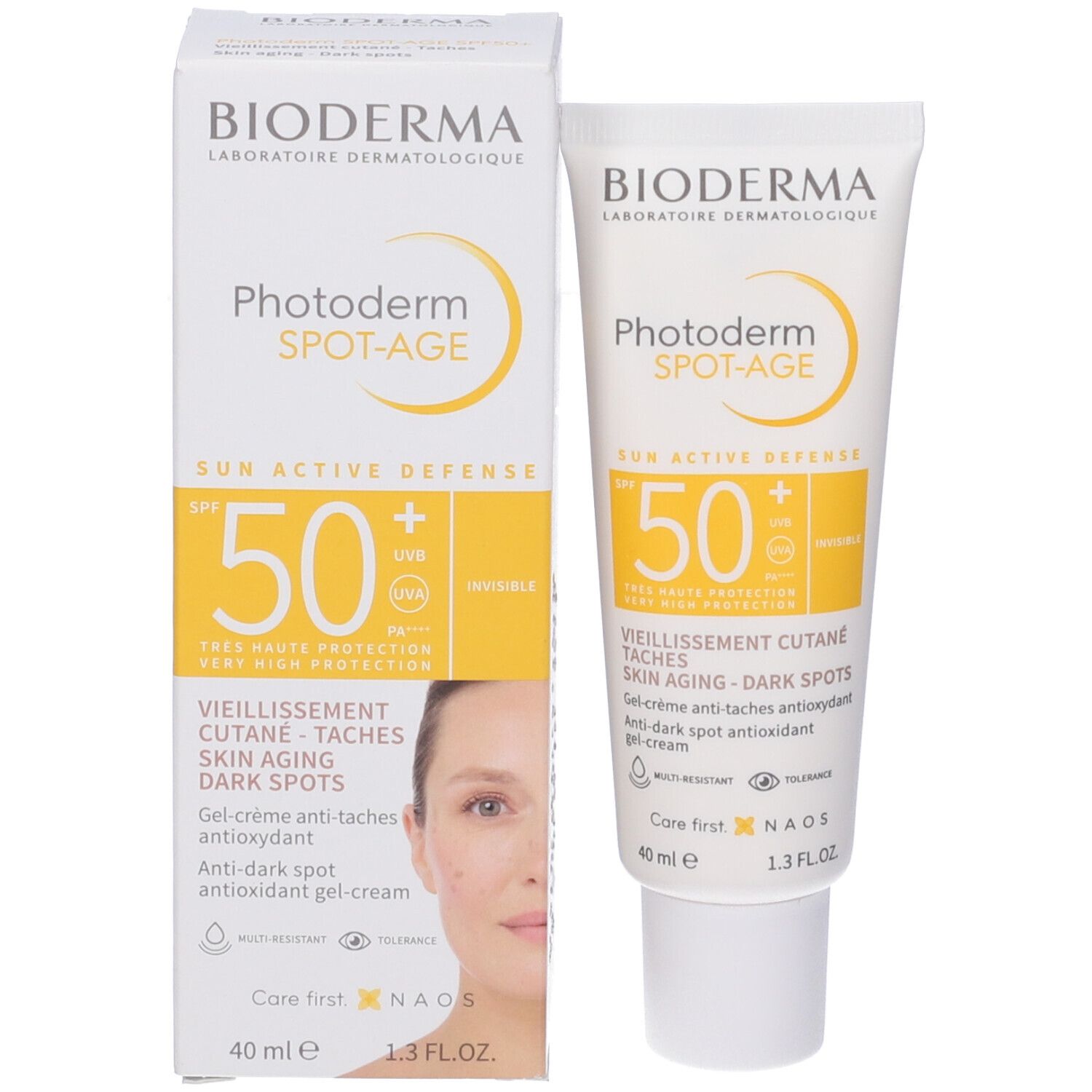 BIODERMA Photoderm Spot-Age. Confezione e tubo. SPF 50+. Gel-crema anti-età e macchie scure.
