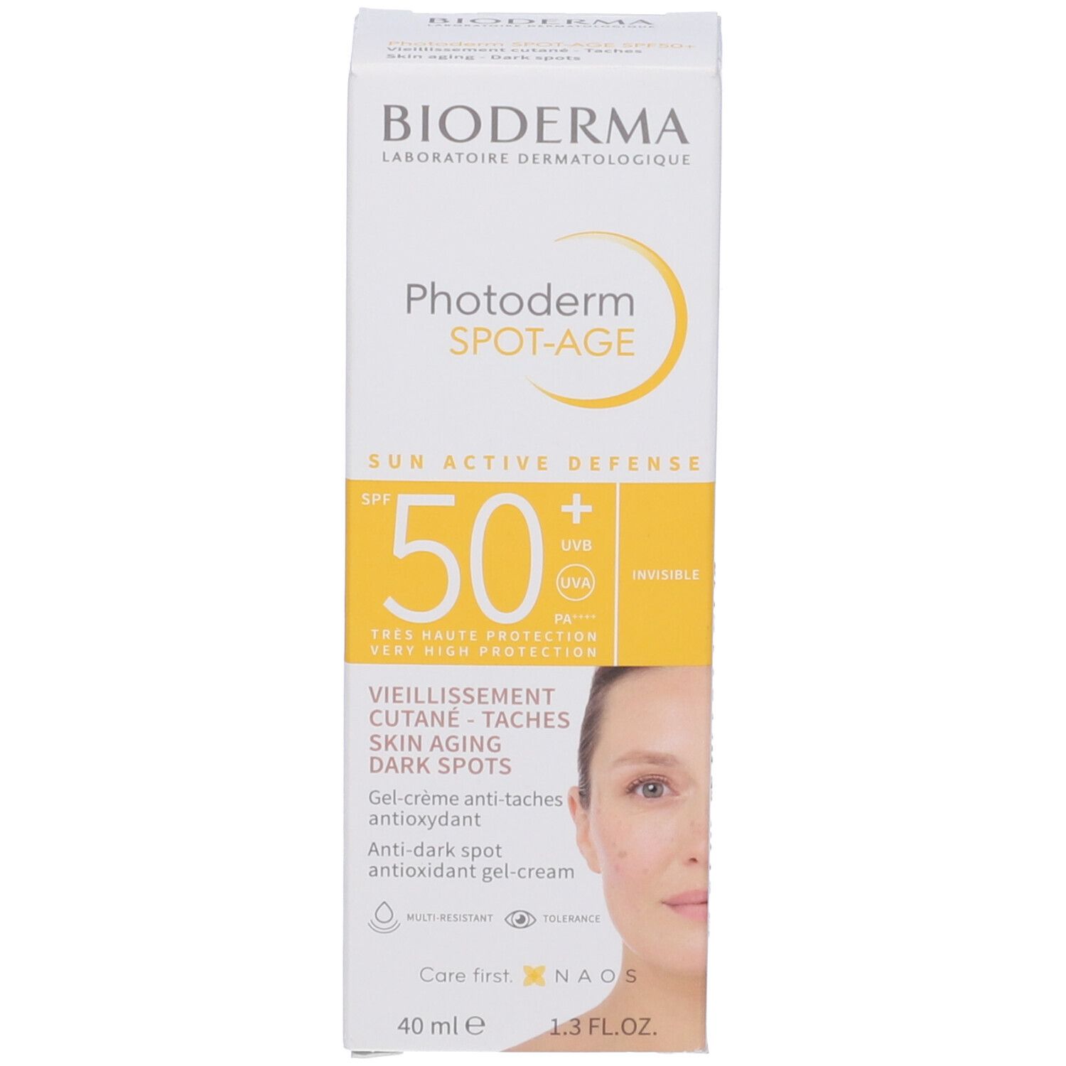 Confezione BIODERMA Photoderm Spot-Age. SPF 50+. Gel-crema anti-età e macchie scure. Immagine di un viso.
