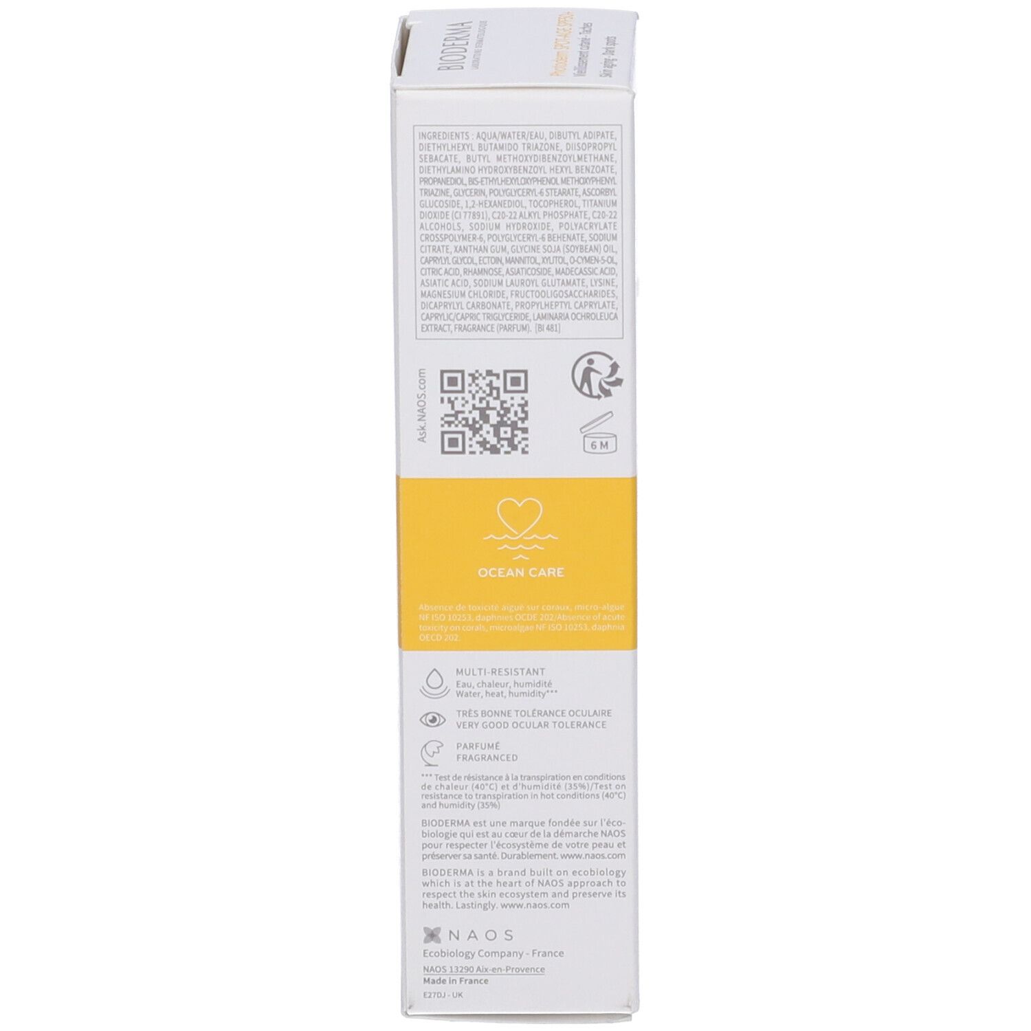 Lato della confezione BIODERMA Spot-Age. Ingredienti, codice QR e informazioni ambientali.