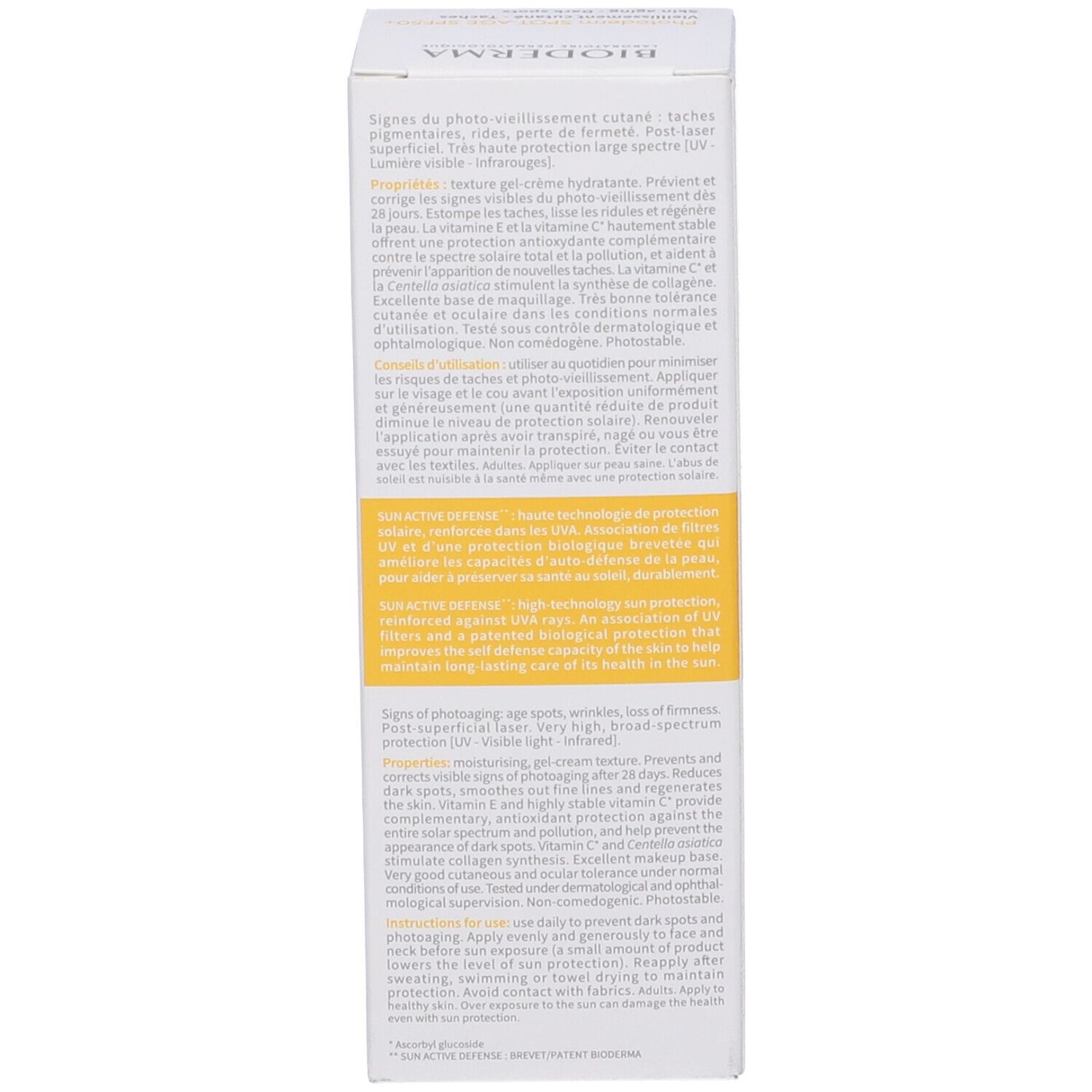 Confezione BIODERMA Spot-Age. Testo sulla protezione solare, anti-età e ingredienti. Multilingue.