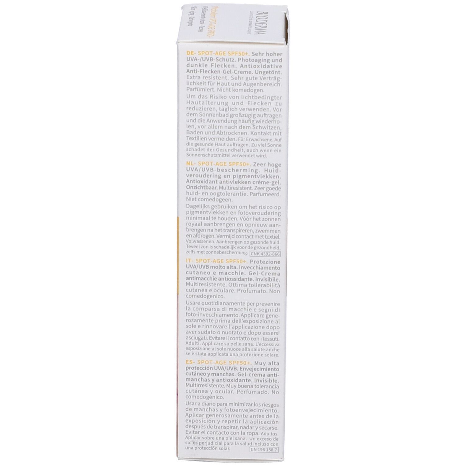 Confezione BIODERMA Spot-Age. Testo multilingue. Informazioni sull'uso e sugli ingredienti.