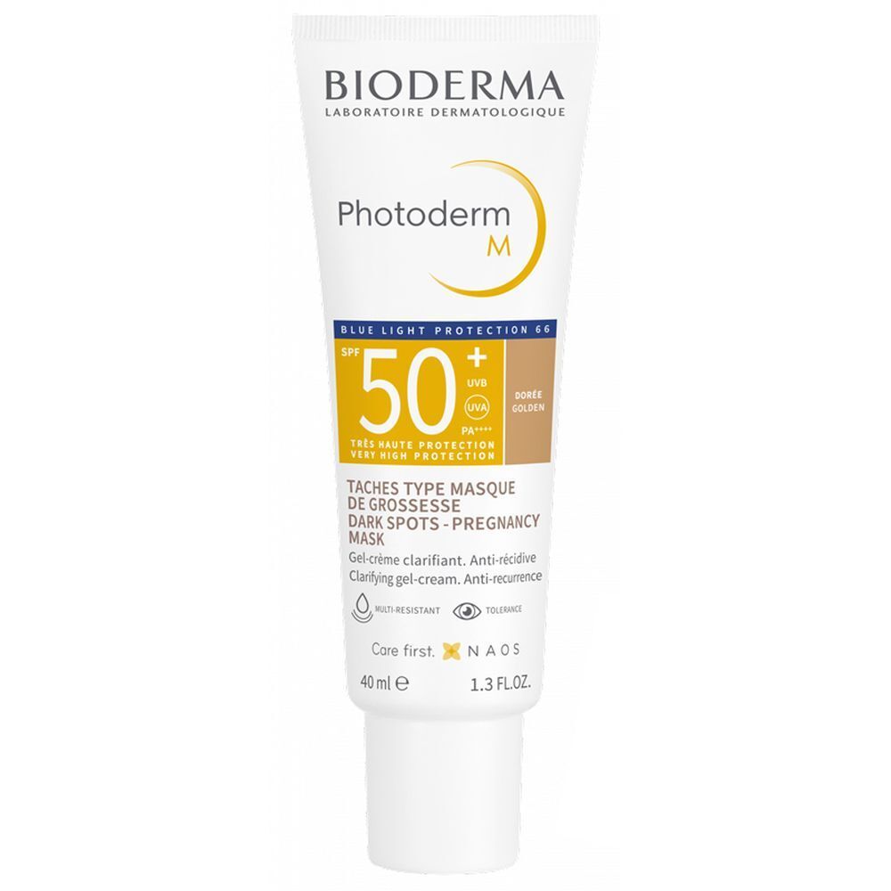 Tubo bianco con stampa gialla. Crema solare. Testo: BIODERMA, Photoderm M, SPF 50+, Dorée. 40 ml.