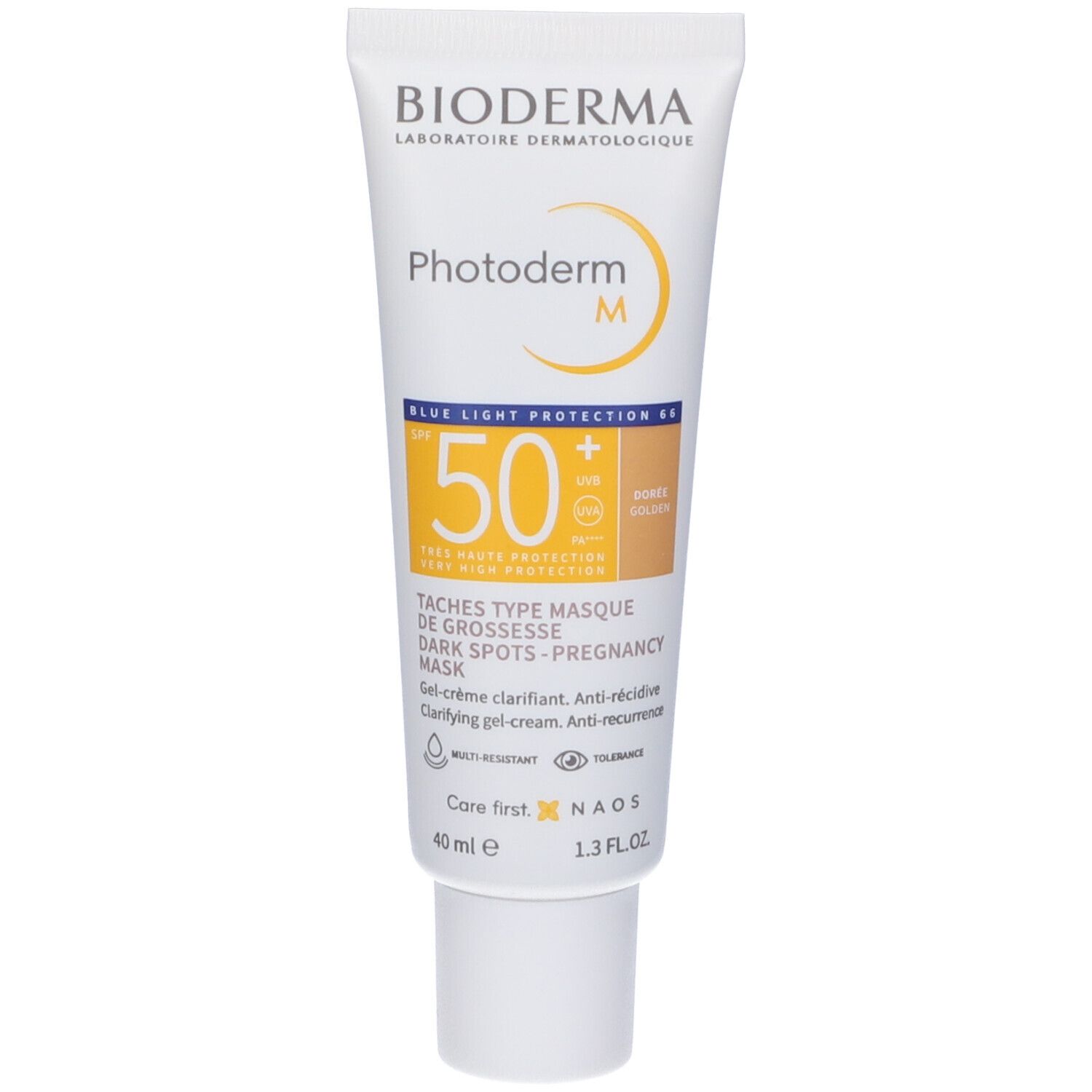 Tubo bianco con stampa gialla. Crema solare. Testo: BIODERMA, Photoderm M, SPF 50+, Dorée. 40 ml.