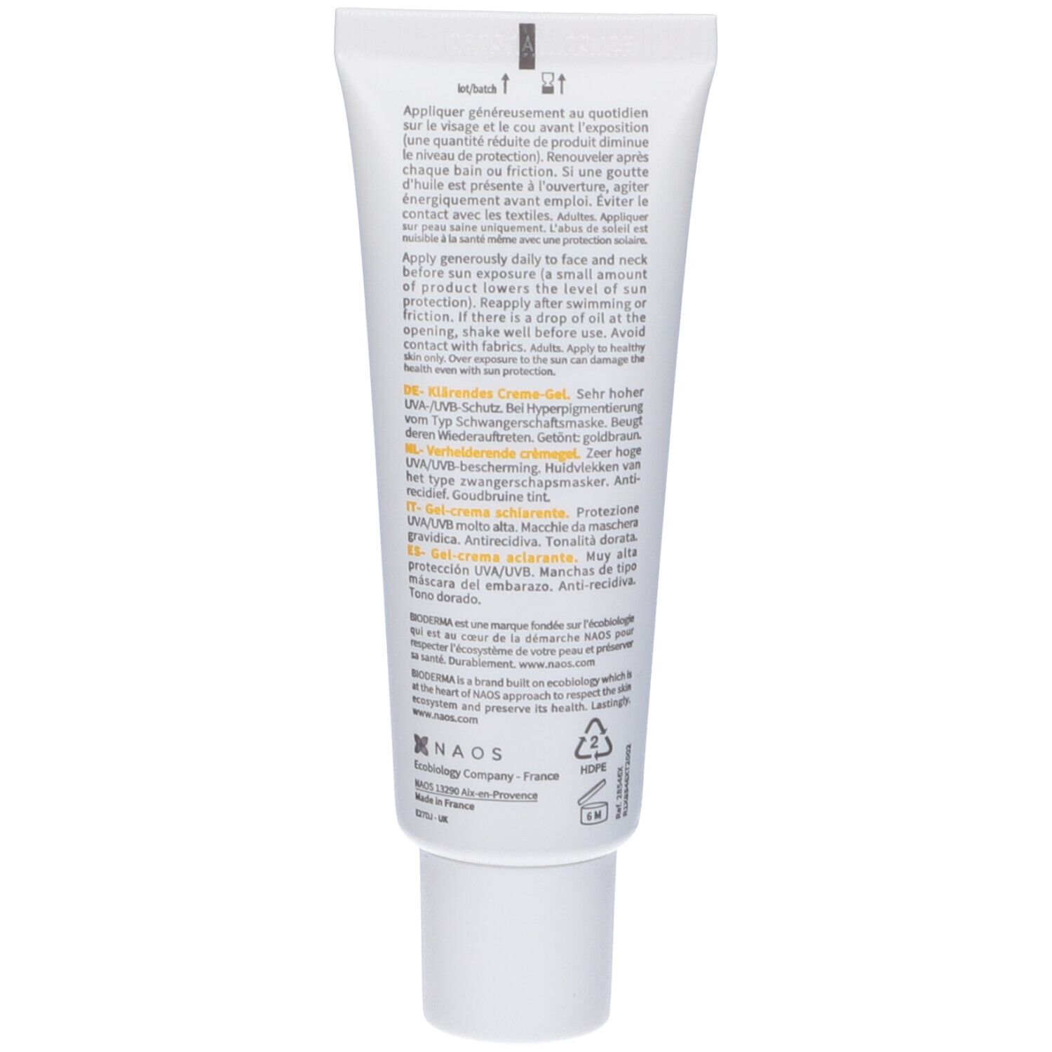 Retro del tubo. Testo multilingue. Contiene istruzioni per l'uso. Marca: BIODERMA. 40 ml.