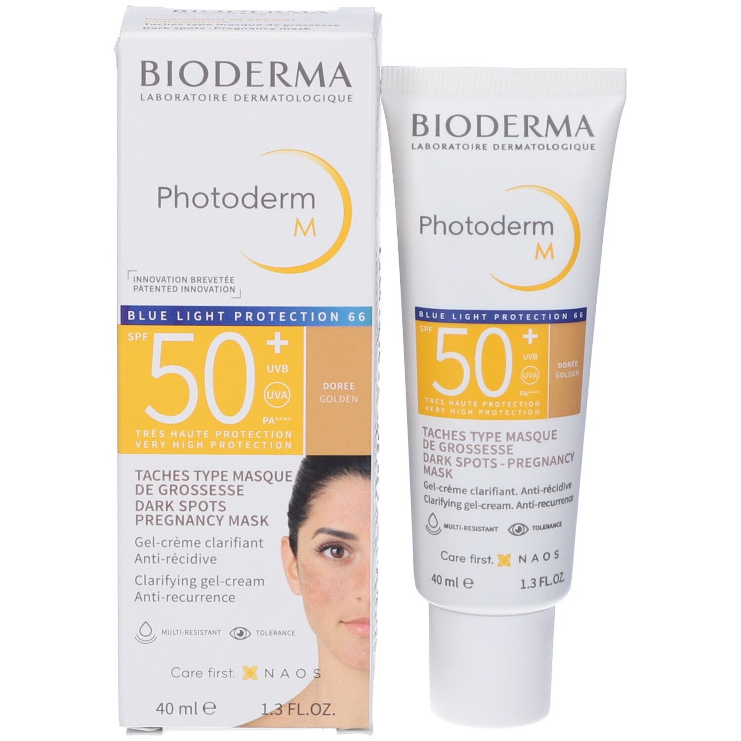 Confezione e tubo. Testo: BIODERMA, Photoderm M, SPF 50+, Dorée. 40 ml. Immagine di una donna.