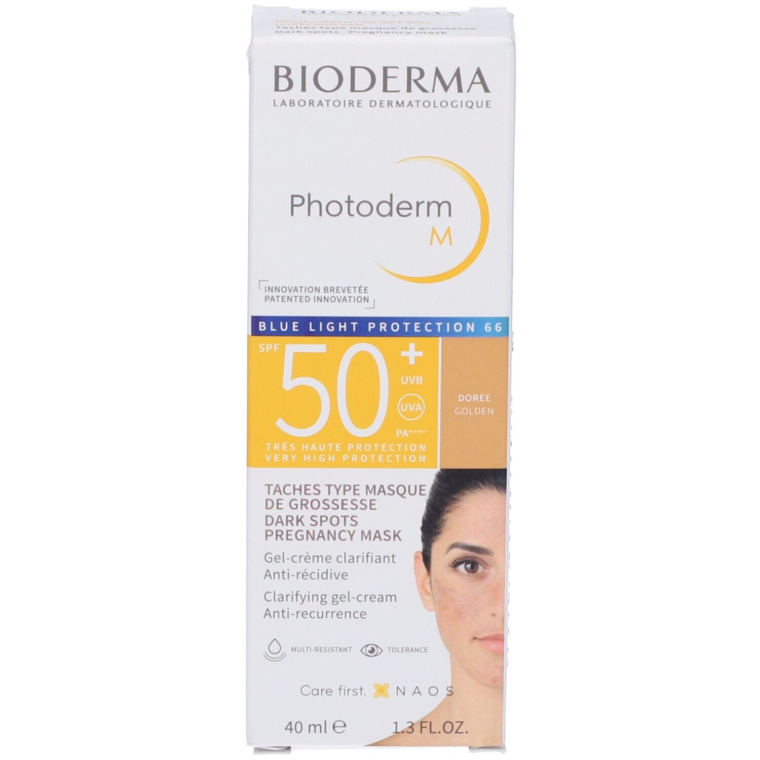 Confezione del prodotto. Testo: BIODERMA, Photoderm M, SPF 50+, Dorée. Immagine di una donna. 40 ml.