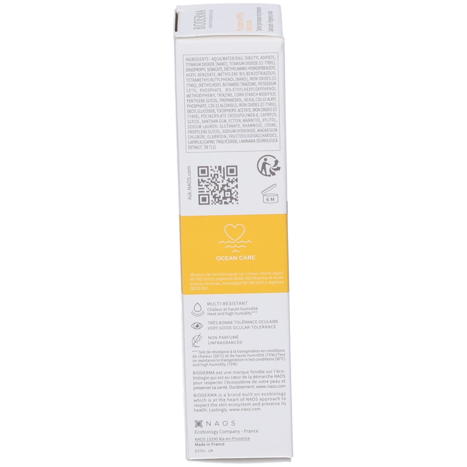 Confezione. Testo: BIODERMA, Ocean Care, ingredienti, codice QR. Colori giallo e bianco.