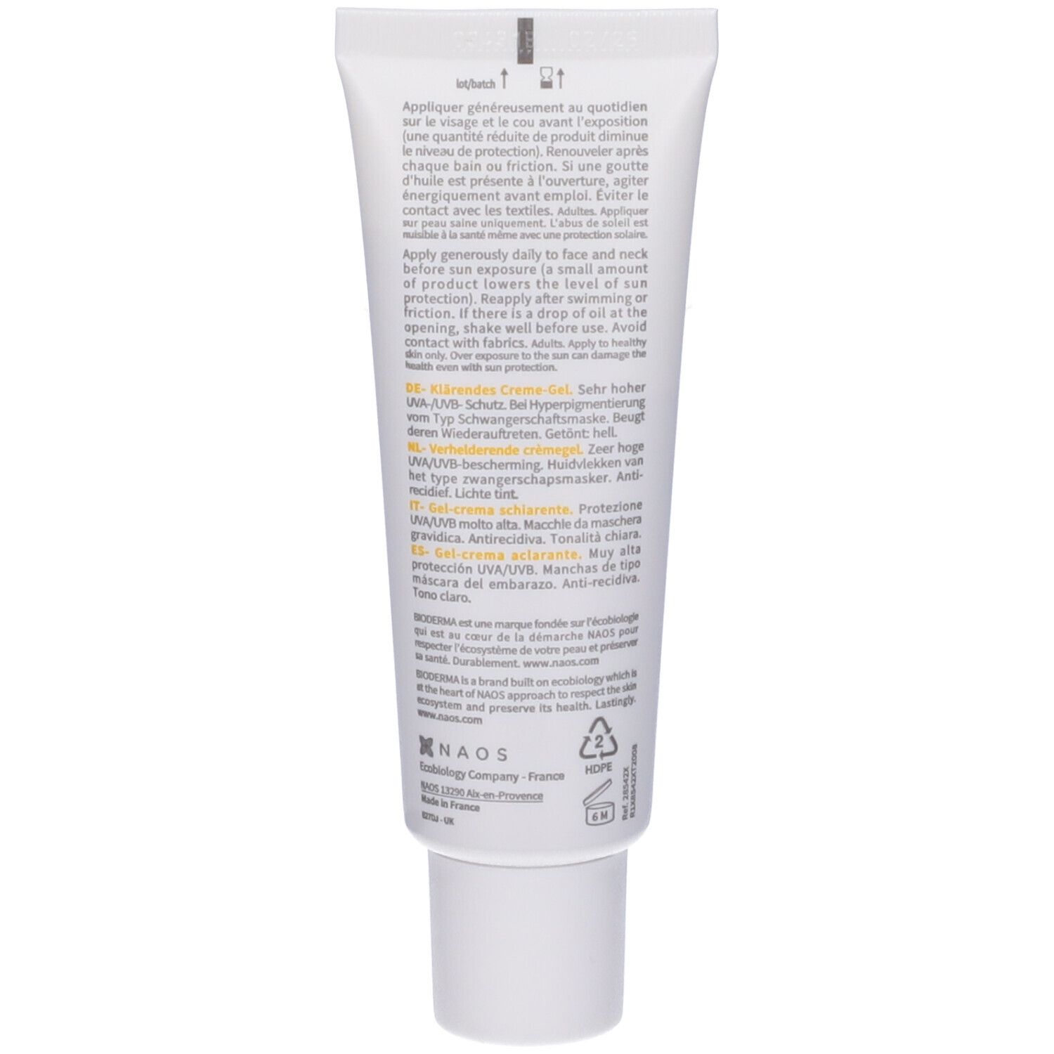 Retro del tubo Bioderma Photoderm M SPF50+. Testo e istruzioni multilingue.