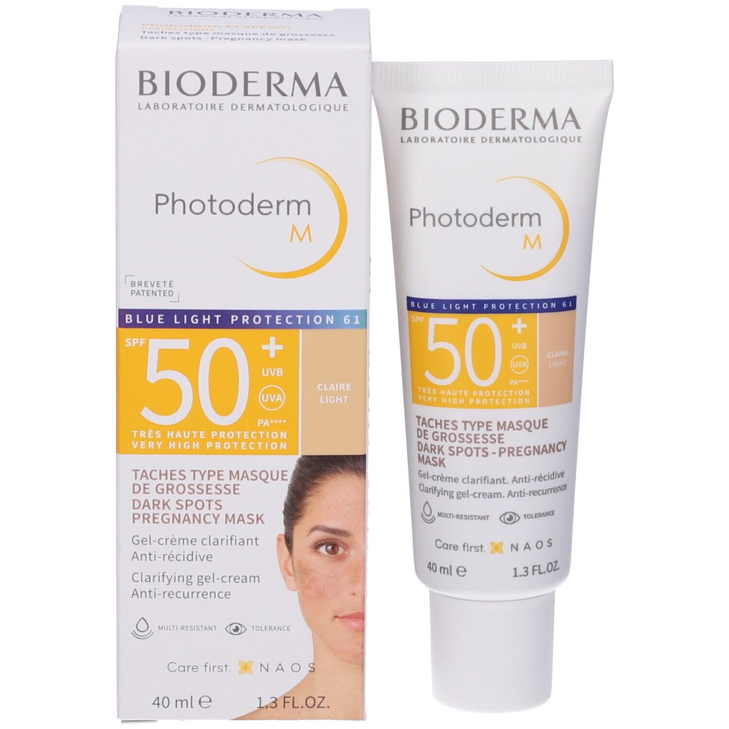 Tubo e confezione Bioderma Photoderm M SPF50+. Tonalità chiara. Protezione solare SPF 50+.