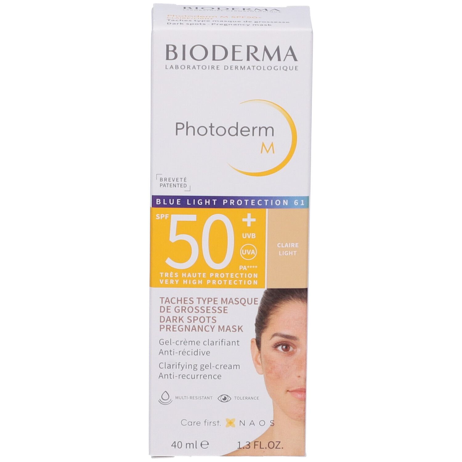 Confezione Bioderma Photoderm M SPF50+. Tonalità chiara. Protezione solare SPF 50+. Gel-crema.