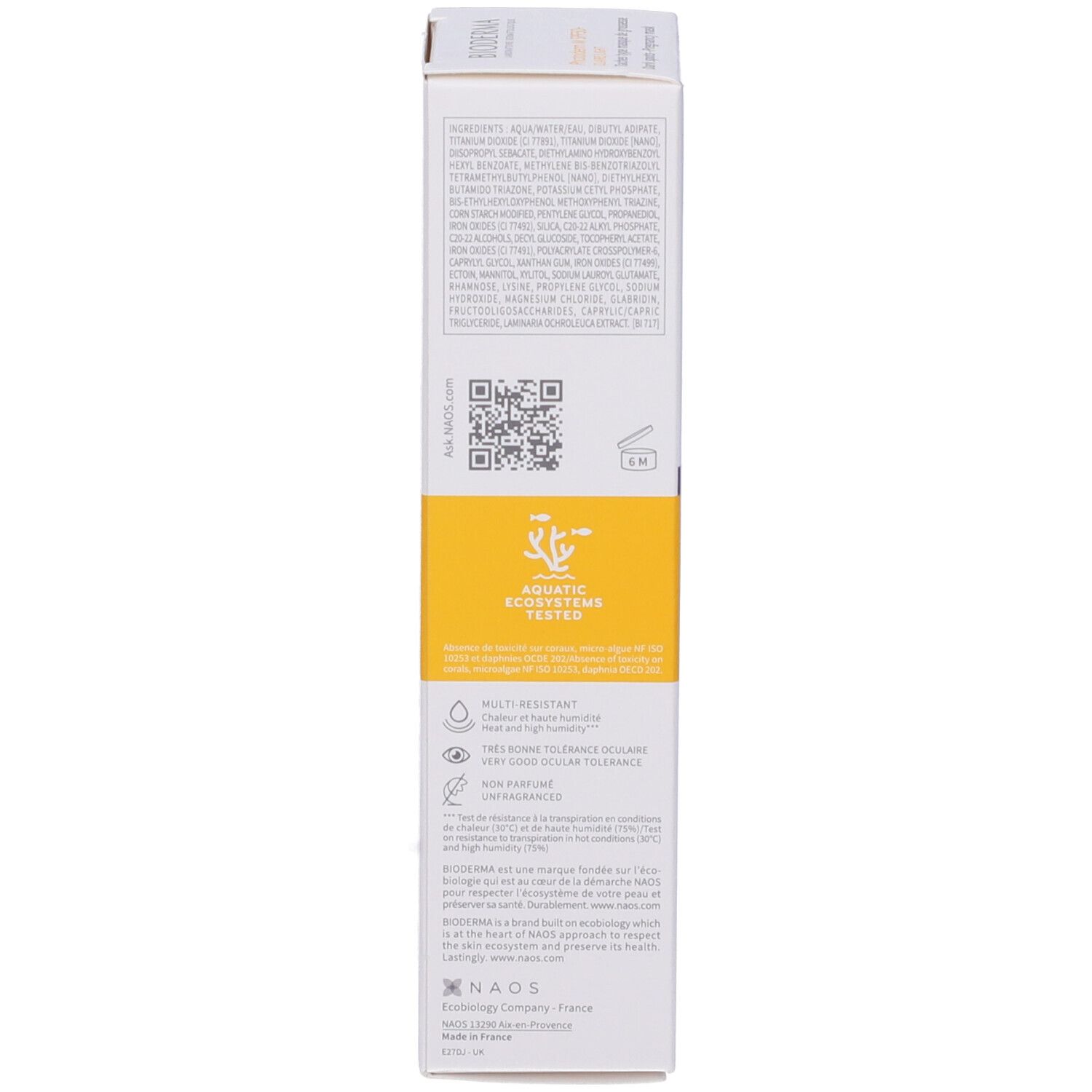 Confezione Bioderma Photoderm M SPF50+. Testo, ingredienti, certificazioni e codice QR.