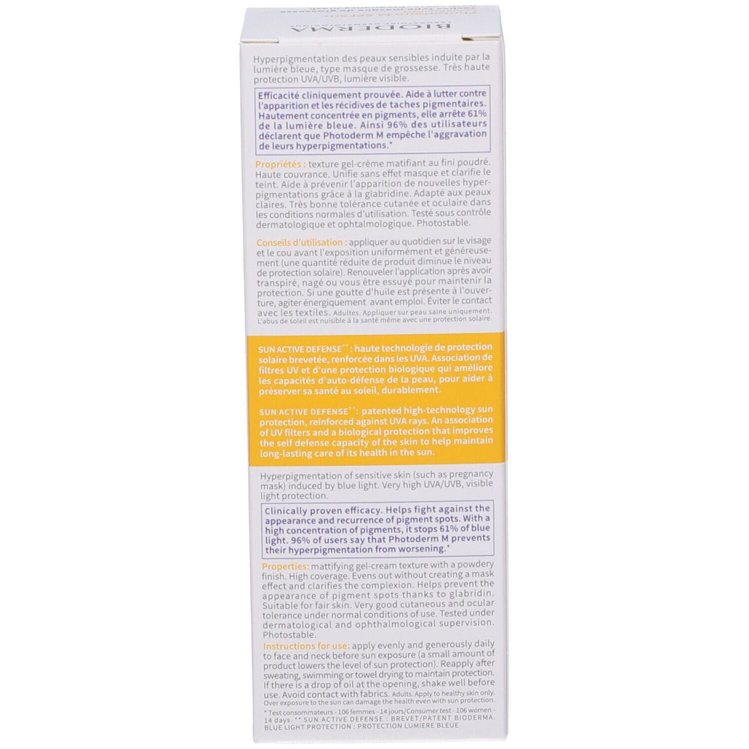 Confezione Bioderma Photoderm M SPF50+. Testo, ingredienti, certificazioni e codice QR.