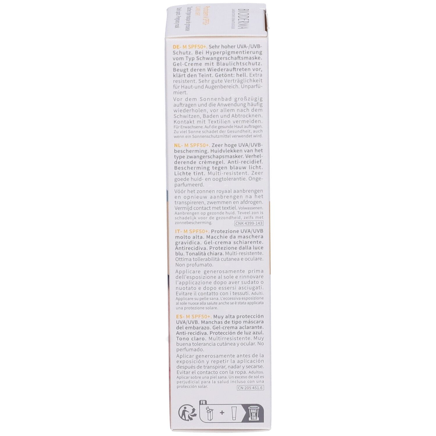 Confezione Bioderma Photoderm M SPF50+. Testo, ingredienti, certificazioni e codice QR.
