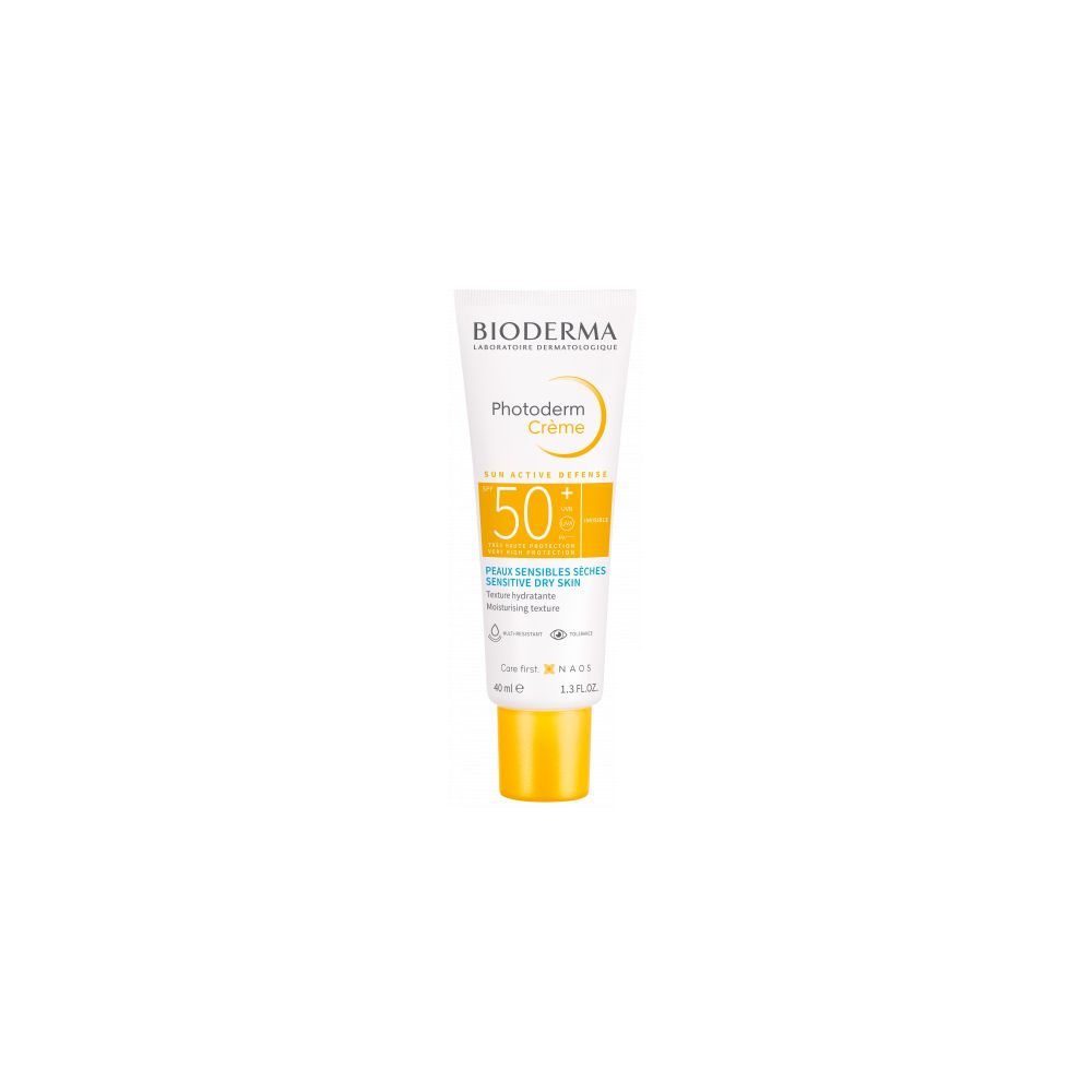 Tubo BIODERMA Photoderm Crema SPF50+. Bianco, giallo. Testo SPF50+, protezione UVA/UVB. Per pelli sensibili.