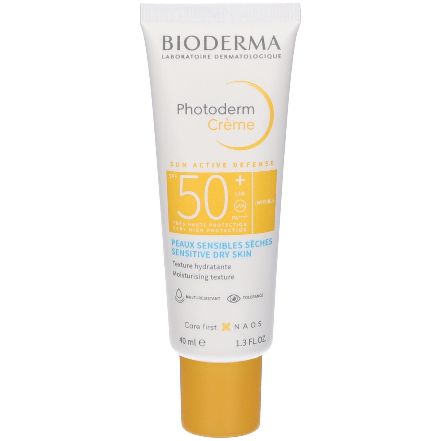 Tubo BIODERMA Photoderm Crema SPF50+. Bianco, giallo. SPF50+, protezione UVA/UVB. Pelli sensibili secche.