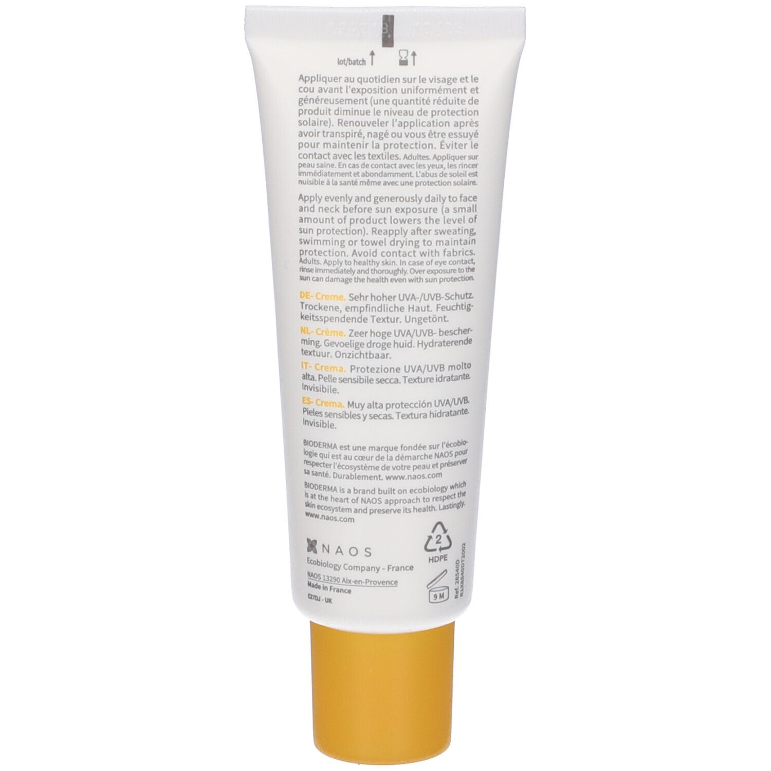 Retro del tubo BIODERMA Photoderm Crema. Testo multilingue. Tappo giallo. Istruzioni per l'uso.