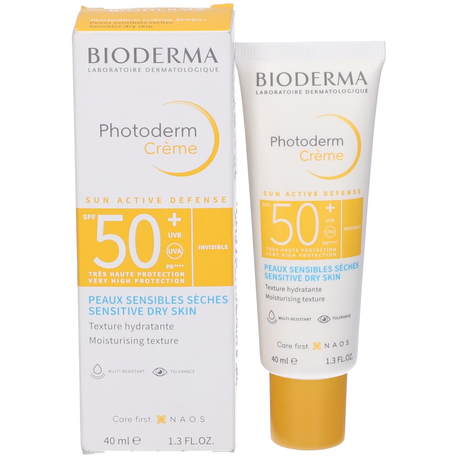 Tubo e scatola BIODERMA Photoderm Crema SPF50+. Bianco, giallo. SPF50+, protezione UVA/UVB. Pelli sensibili.