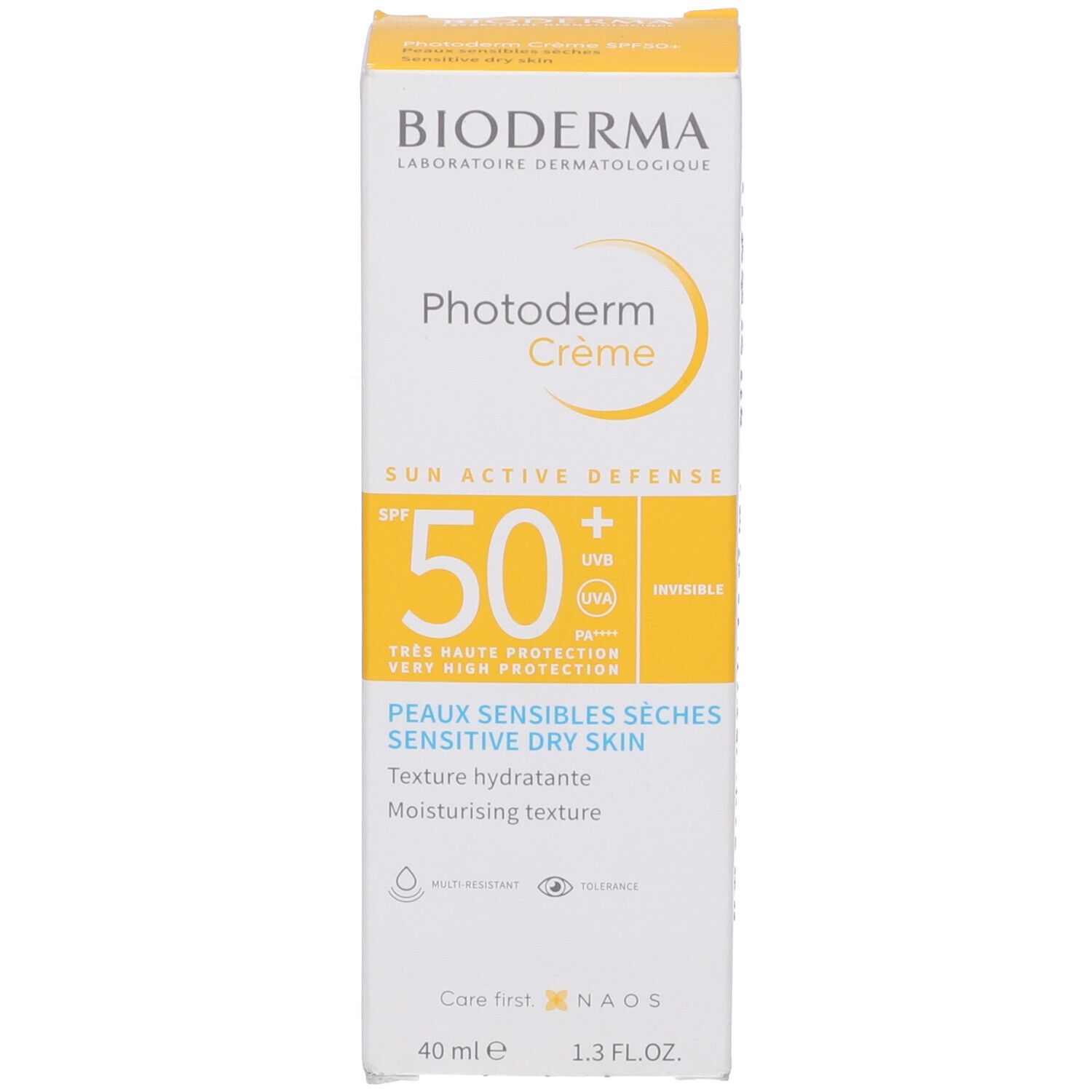 Scatola BIODERMA Photoderm Crema SPF50+. Bianco, giallo. SPF50+, protezione UVA/UVB. Pelli sensibili secche.
