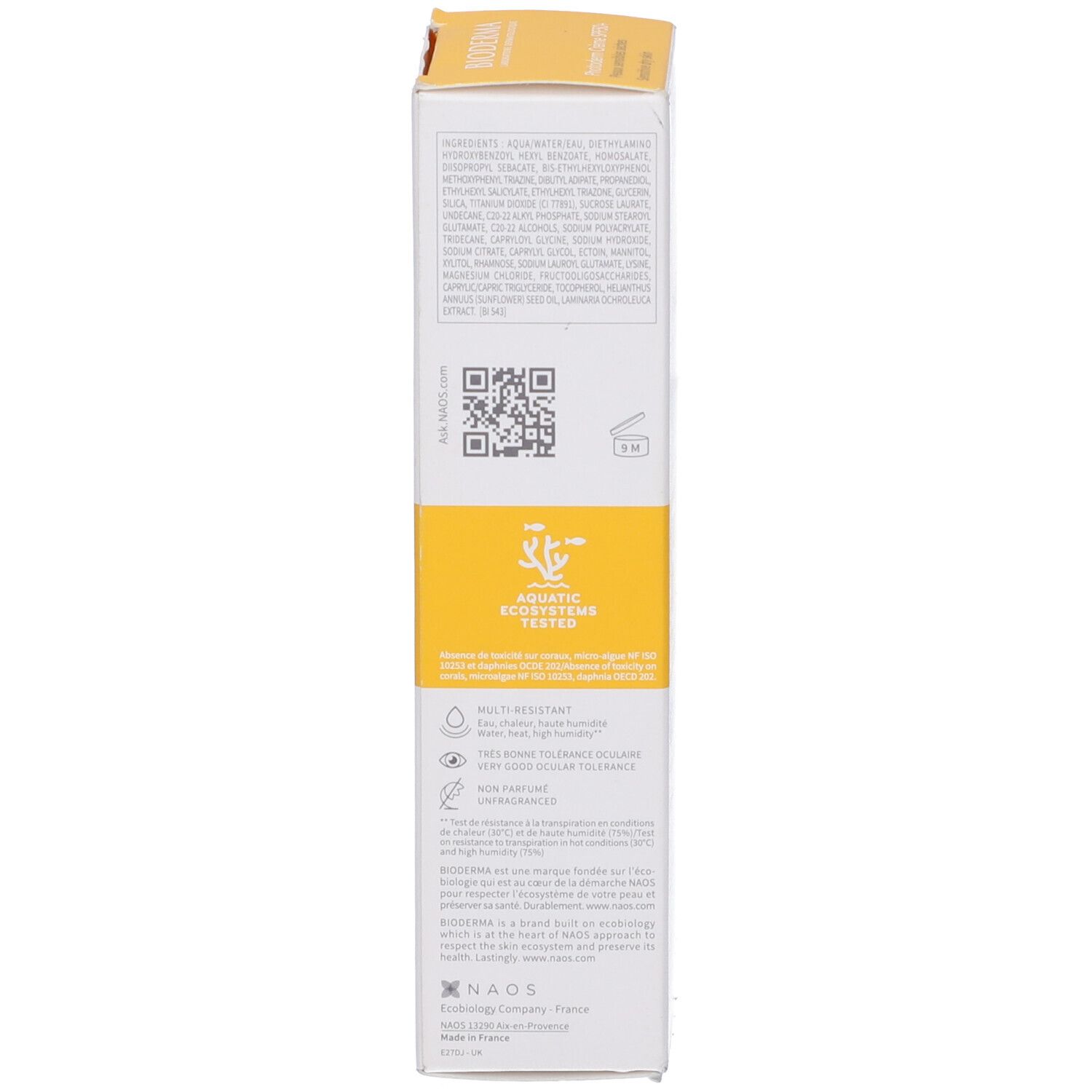 Retro della scatola BIODERMA Photoderm Crema. Testo, codice QR, certificazione. Giallo, bianco.