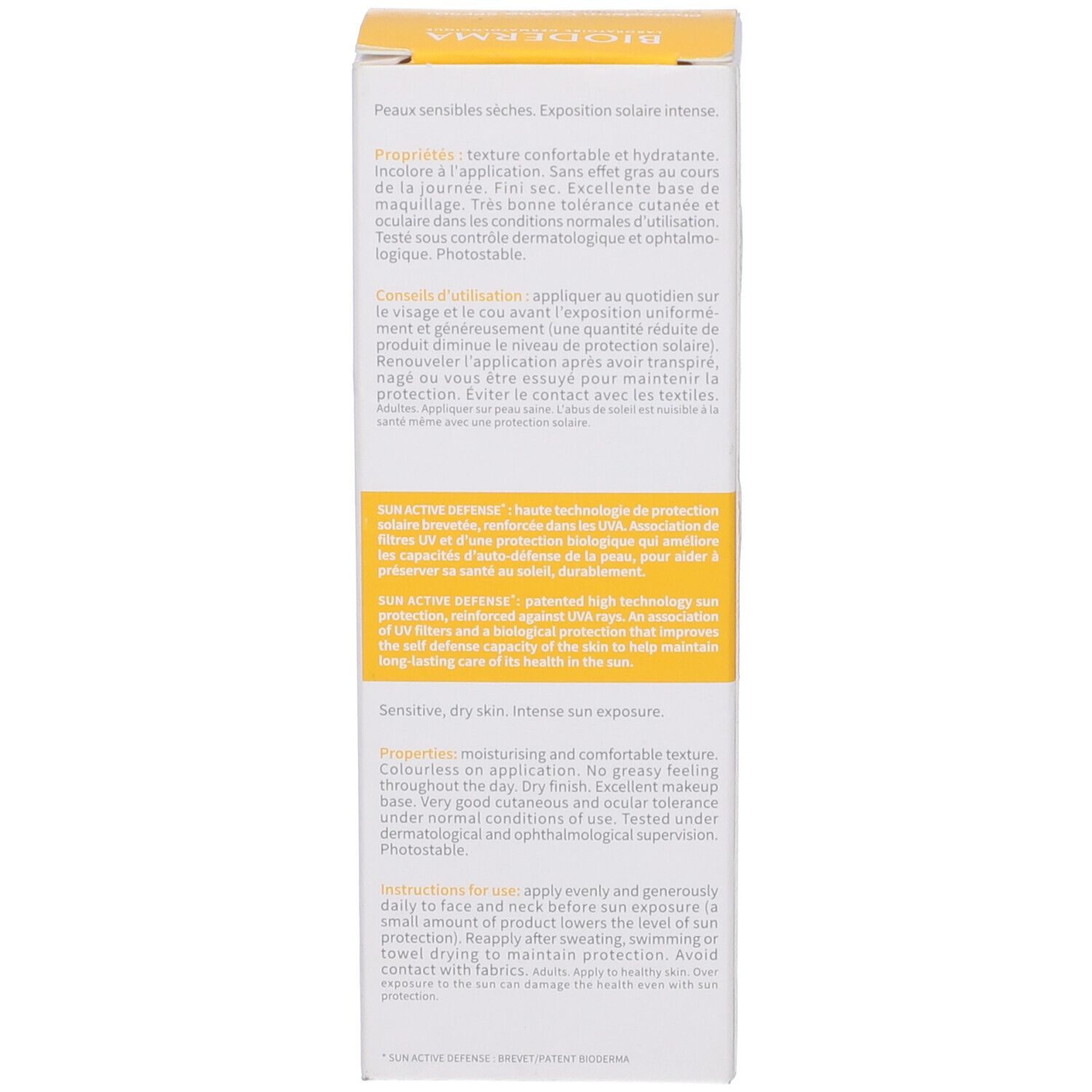 Lato della scatola BIODERMA Photoderm Crema. Testo, istruzioni per l'uso. Giallo, bianco.