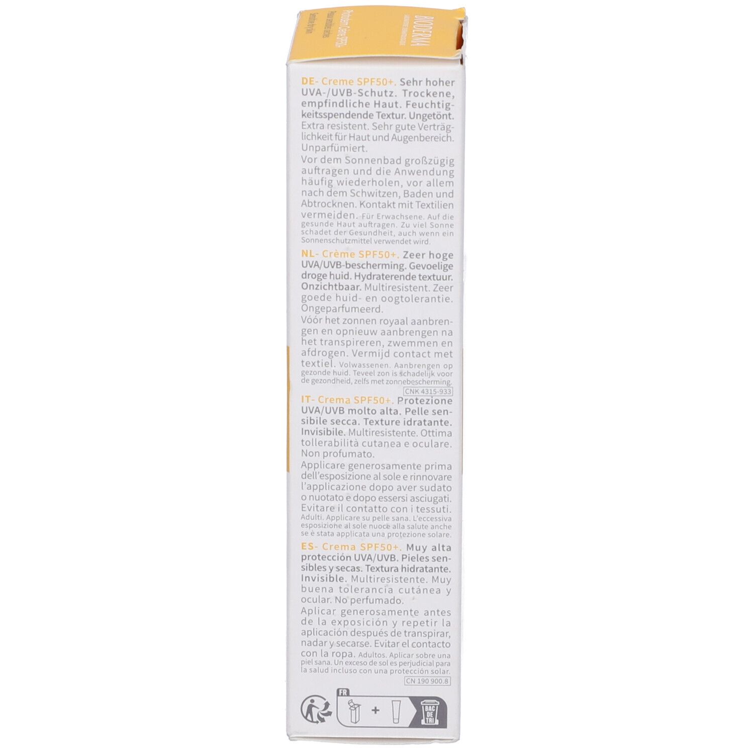 Retro della scatola BIODERMA Photoderm Crema. Testo multilingue. Giallo, bianco.