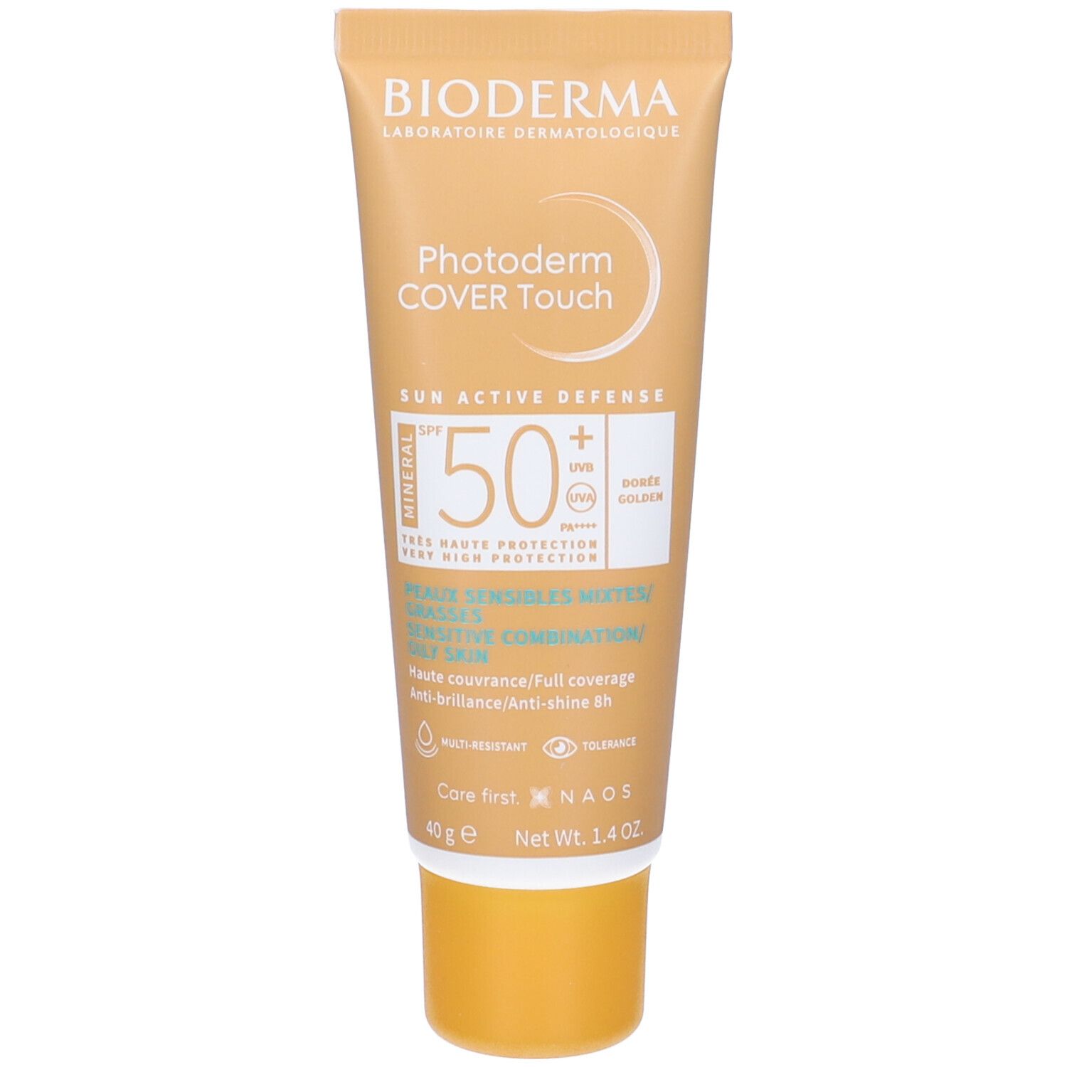 BIODERMA Photoderm COVER Touch Mineral Doré SPF50+ crema solare. Tubo beige, tappo giallo. Testo e logo visibili.