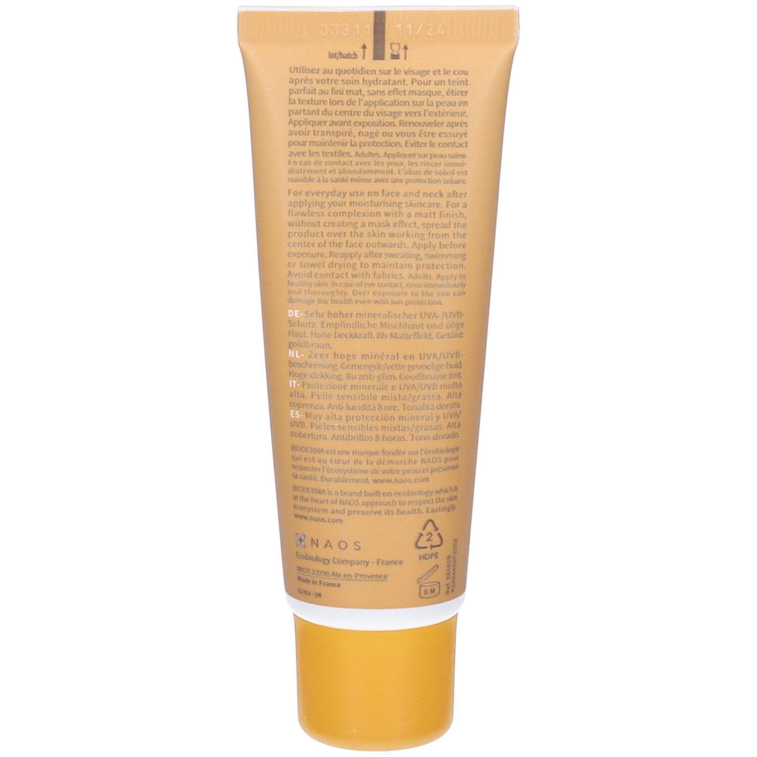 Retro del tubo BIODERMA Photoderm COVER Touch Mineral Doré SPF50+. Testo multilingue. Tappo giallo.