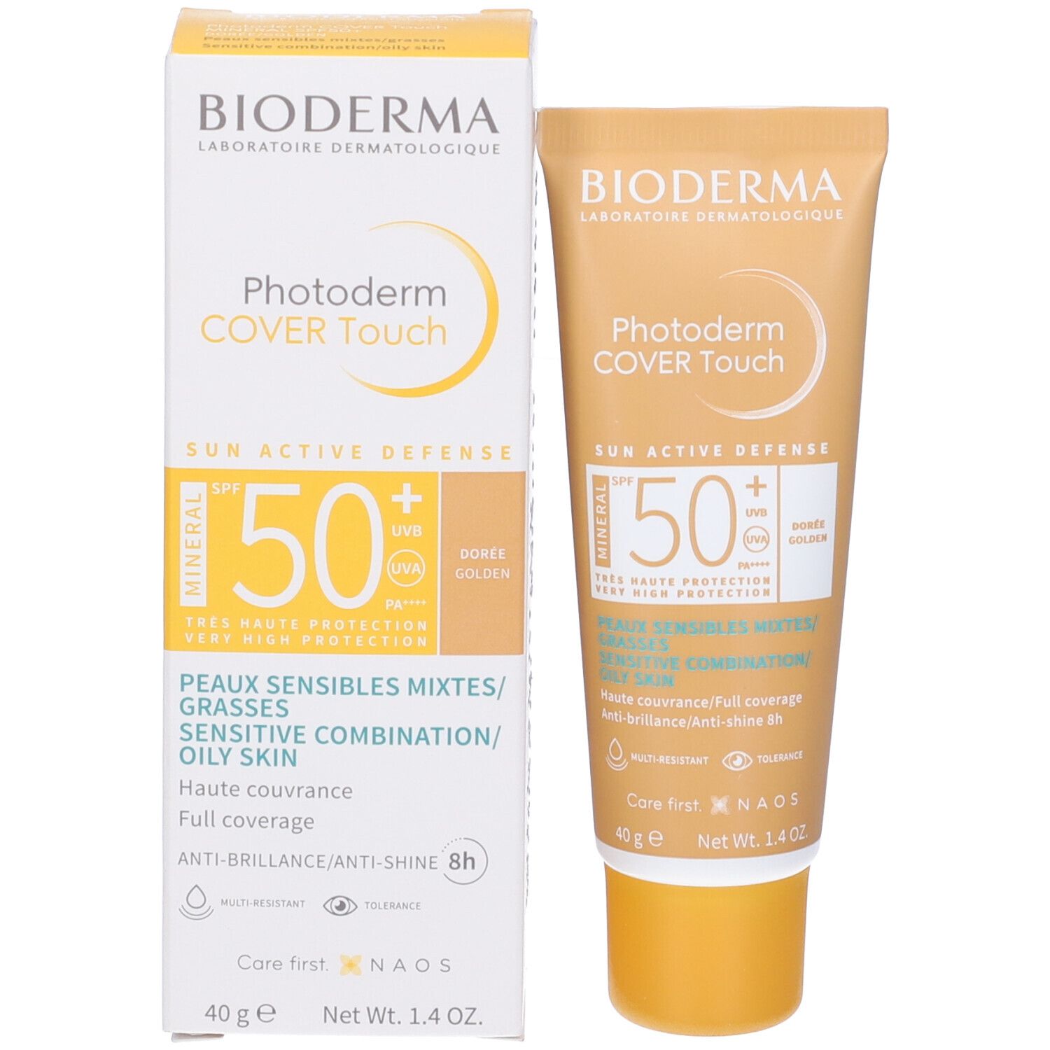 BIODERMA Photoderm COVER Touch Mineral Doré SPF50+ crema solare e confezione. Testo e logo visibili.