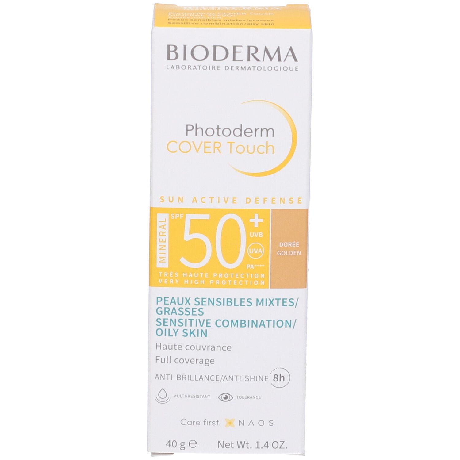 Confezione BIODERMA Photoderm COVER Touch Mineral Doré SPF50+. Testo e logo visibili. Scatola gialla e bianca.