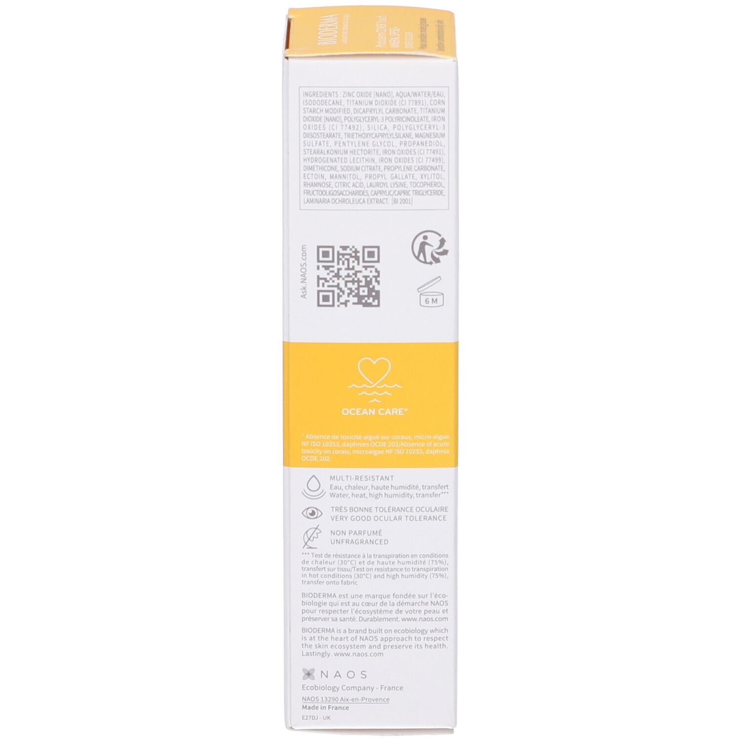 Lato della confezione BIODERMA Photoderm COVER Touch Mineral Doré SPF50+. Testo e loghi. Scatola gialla e bianca.