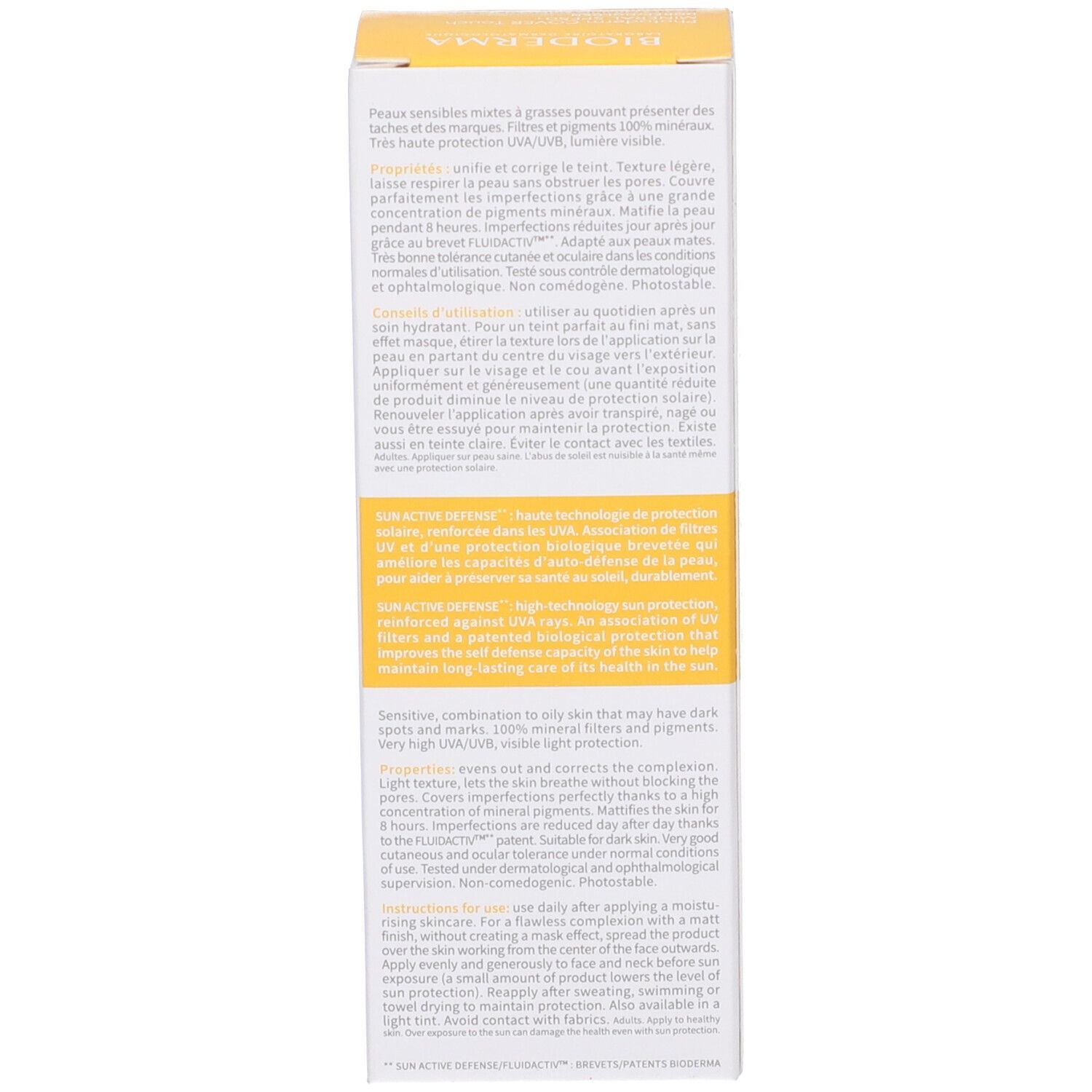 Retro della confezione BIODERMA Photoderm COVER Touch Mineral Doré SPF50+. Testo multilingue. Scatola gialla e bianca.