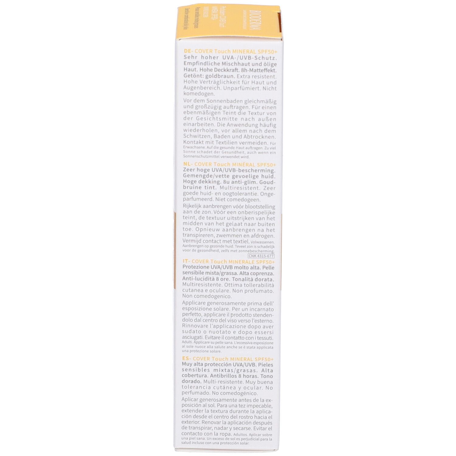 Lato della confezione BIODERMA Photoderm COVER Touch Mineral Doré SPF50+. Testo multilingue. Scatola gialla e bianca.