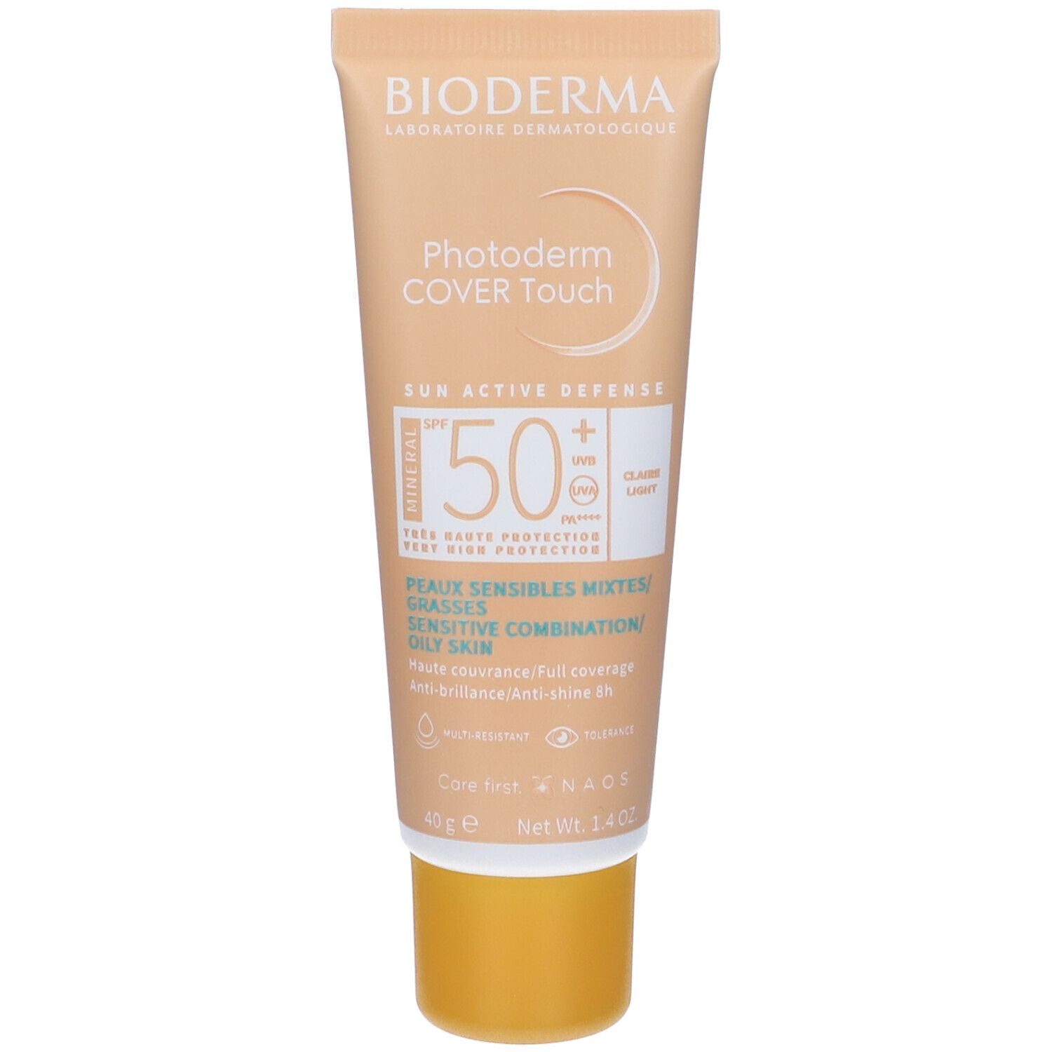 Tubo crema BIODERMA Photoderm COVER Touch SPF50+. Tonalità Claire. Tappo giallo.
