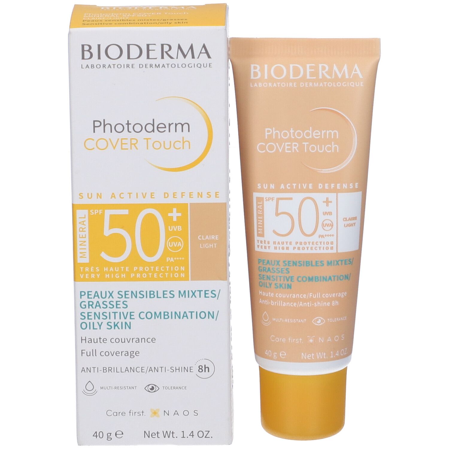 Confezione e tubo BIODERMA Photoderm COVER Touch SPF50+. Tonalità Claire.