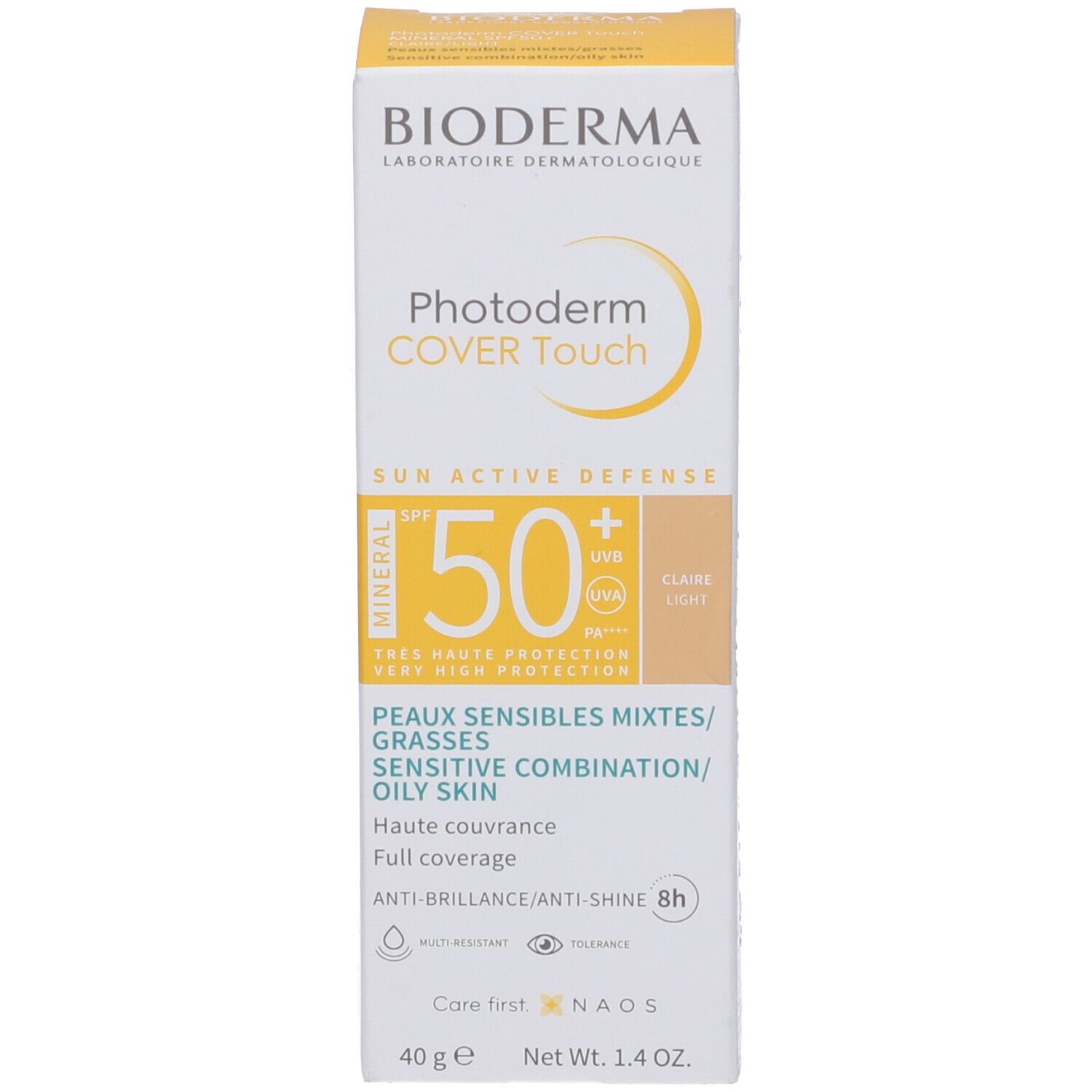 Confezione BIODERMA Photoderm COVER Touch SPF50+. Tonalità Claire. Testo.