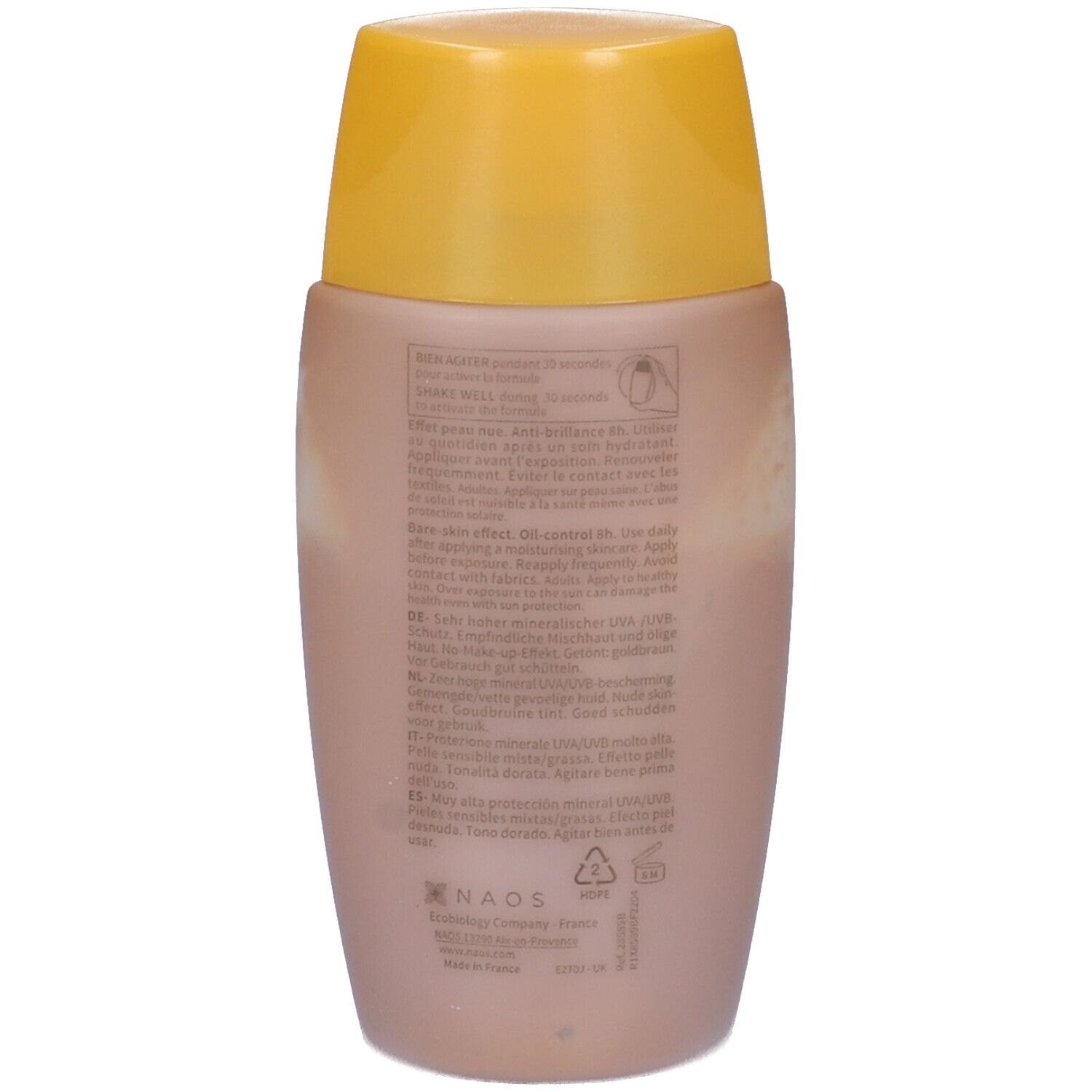 Retro del flacone di crema solare. Testo multilingue. Informazioni sull'uso e sugli ingredienti. Logo NAOS.