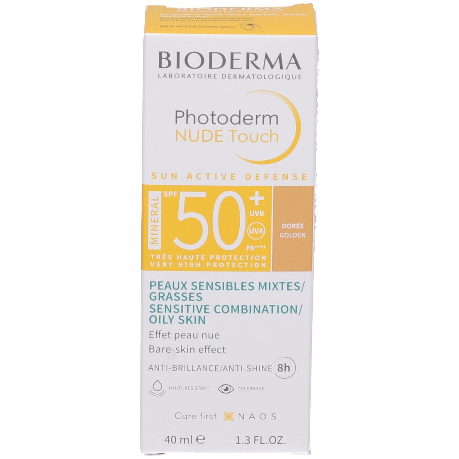 Confezione della crema solare. Scritta: Bioderma, Photoderm Nude Touch SPF50+. Per pelli miste. 40 ml.