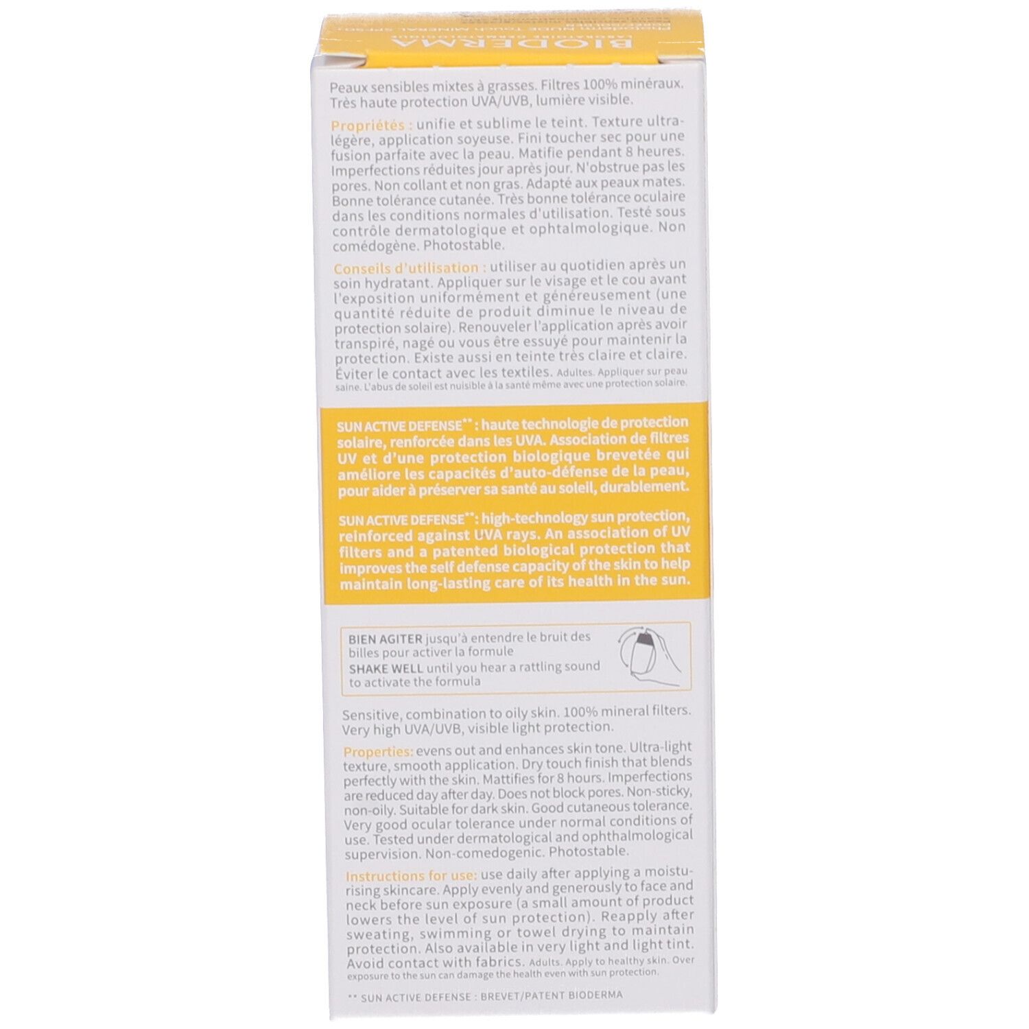 Lato della confezione della crema solare. Testo multilingue. Informazioni sull'uso e le proprietà. Filtri minerali.