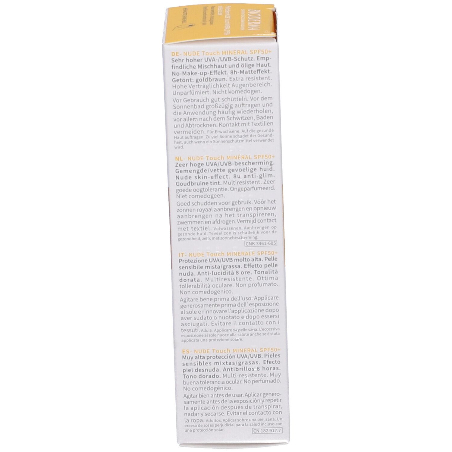 Lato della confezione della crema solare. Testo multilingue. Informazioni su Nude Touch Mineral SPF50+. Logo NAOS.