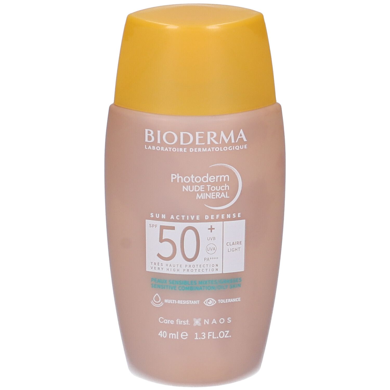 Flacone beige con tappo giallo. Scritta: Bioderma Photoderm Nude Touch Mineral, SPF 50, Claire Light.