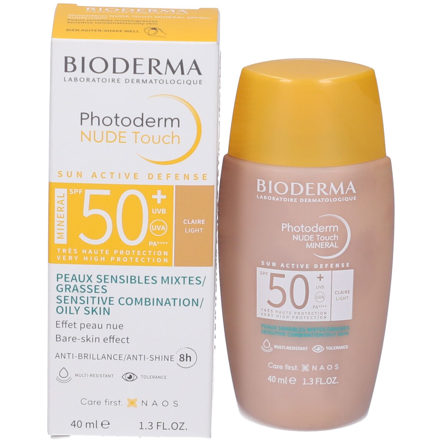 Confezione e flacone. Confezione: Bioderma Photoderm Nude Touch Mineral, SPF 50. Flacone: beige con tappo giallo.