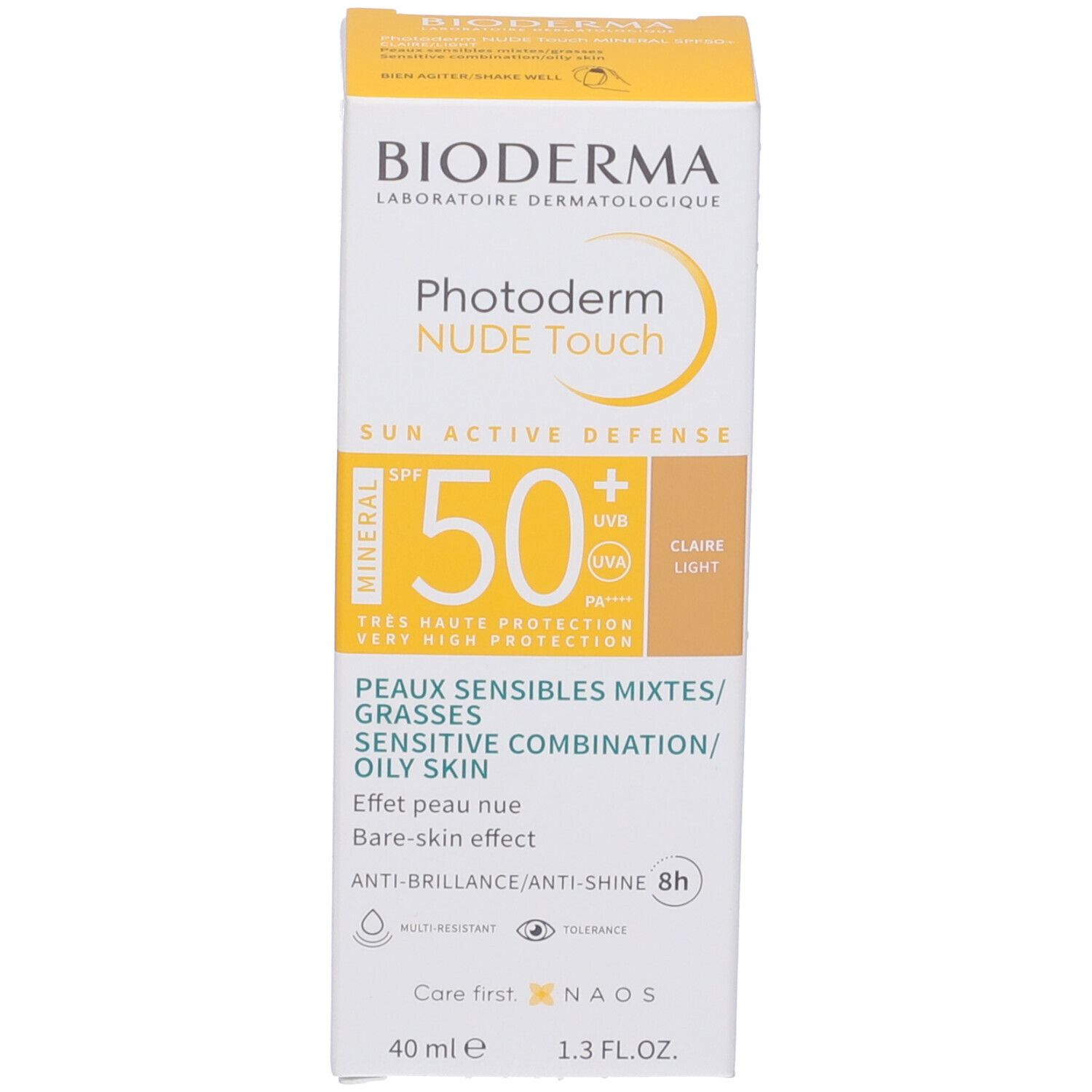 Confezione del prodotto. Scritta: Bioderma Photoderm Nude Touch Mineral, SPF 50. Per pelli miste/grasse. 40 ml.