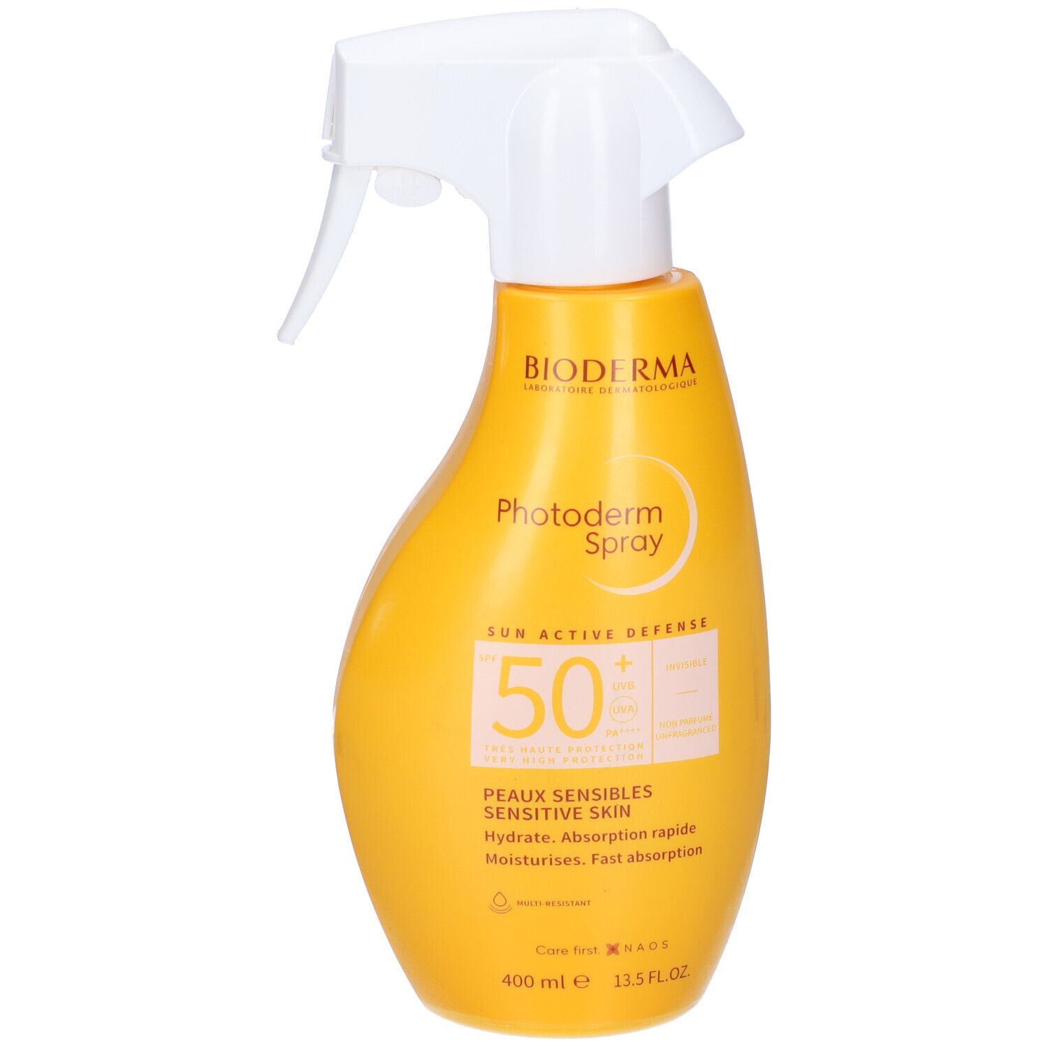 Flacone giallo con erogatore bianco. Scritta: Bioderma Photoderm Spray SPF50+. Per pelli sensibili. 400 ml.