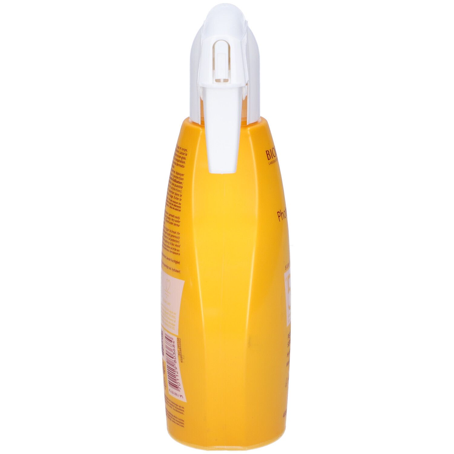 Flacone giallo con erogatore bianco, vista laterale. Scritta illeggibile.