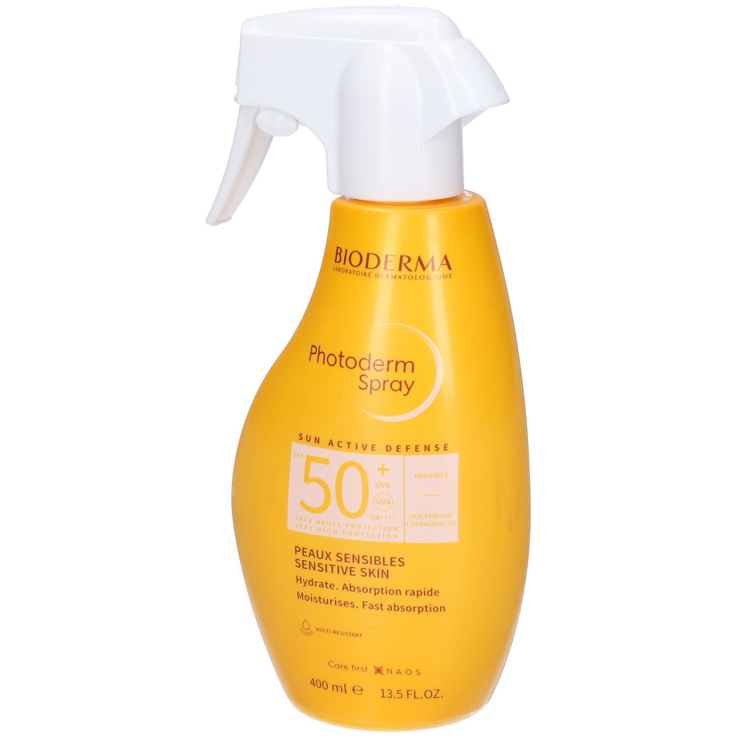 Flacone giallo con erogatore bianco. Scritta: Bioderma Photoderm Spray SPF50+. Per pelli sensibili. 400 ml.