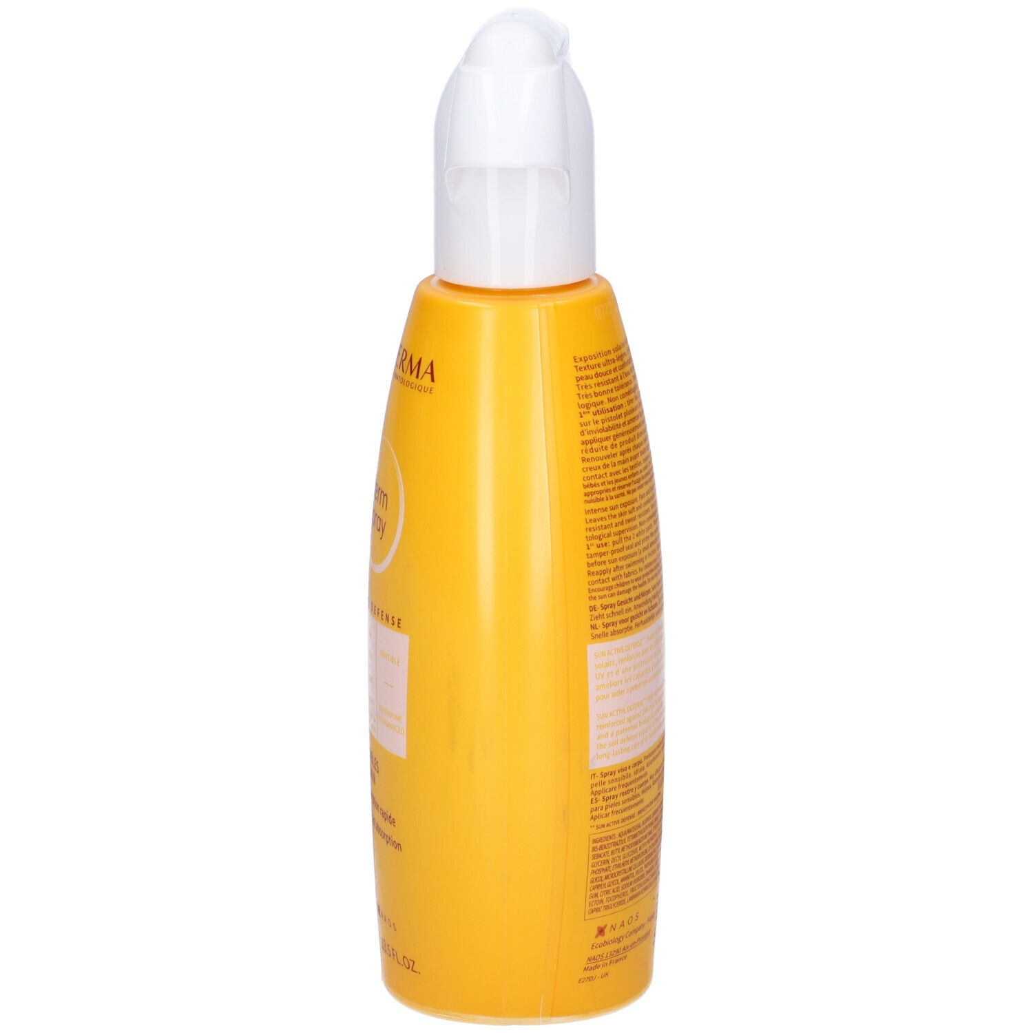 Flacone giallo con erogatore a pompa bianco. Retro con testo. Scritta illeggibile.