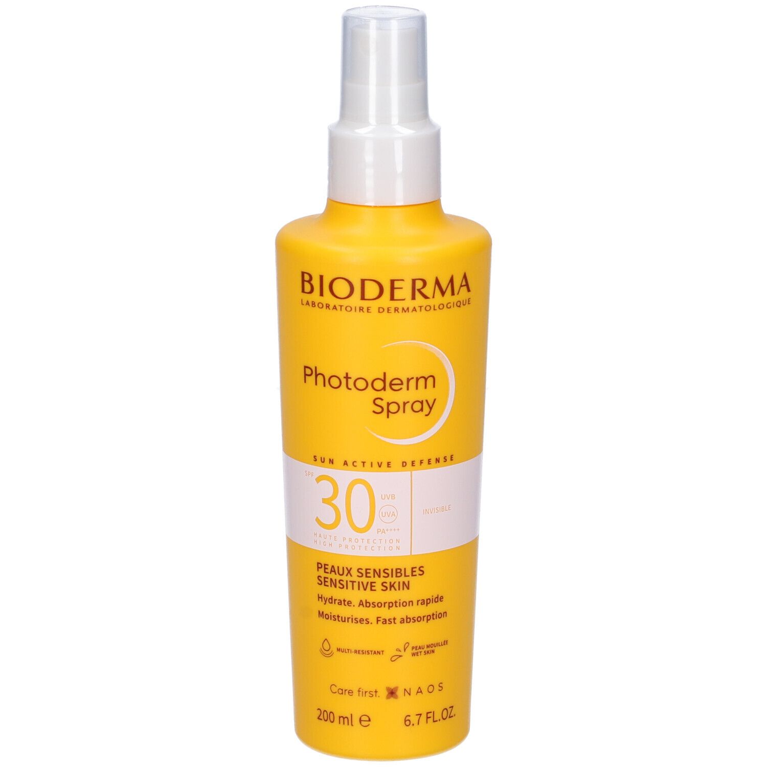Flacone spray giallo con erogatore bianco. Scritta: BIODERMA Photoderm Spray SPF30. Per pelli sensibili.